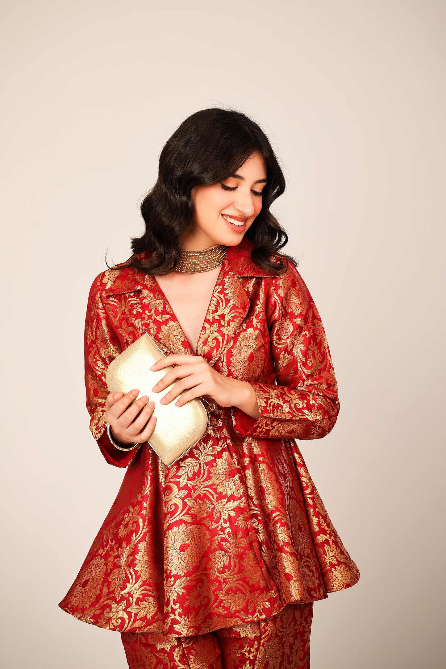Carmine Banarasi Brocade Kimono Peplum Set