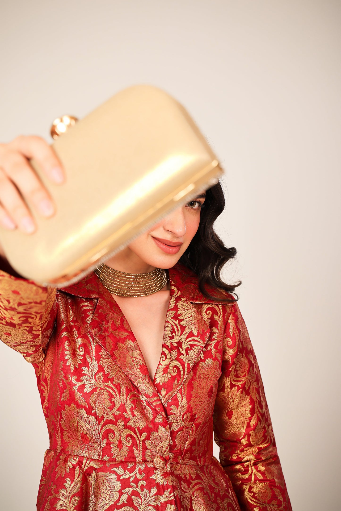 Carmine Banarasi Brocade Kimono Peplum Set