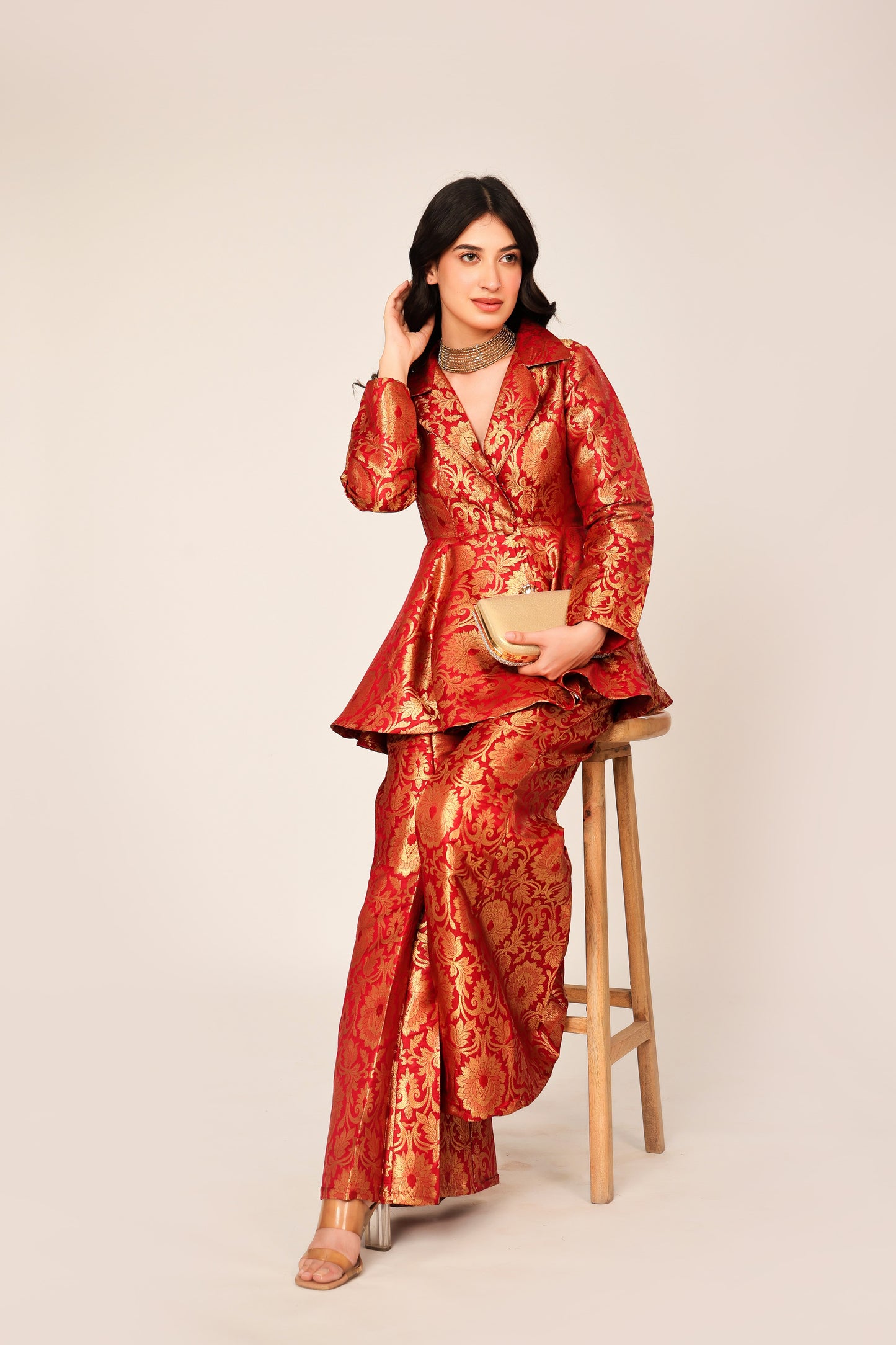 Carmine Banarasi Brocade Kimono Peplum Set