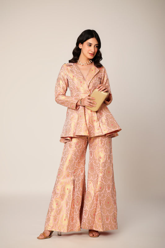 Blush Banarasi Brocade Kimono Peplum Set