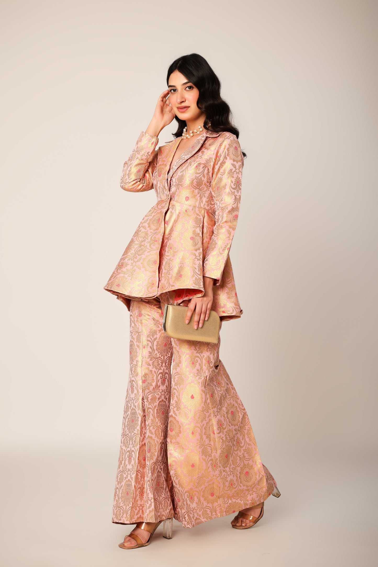 Blush Banarasi Brocade Kimono Peplum Set