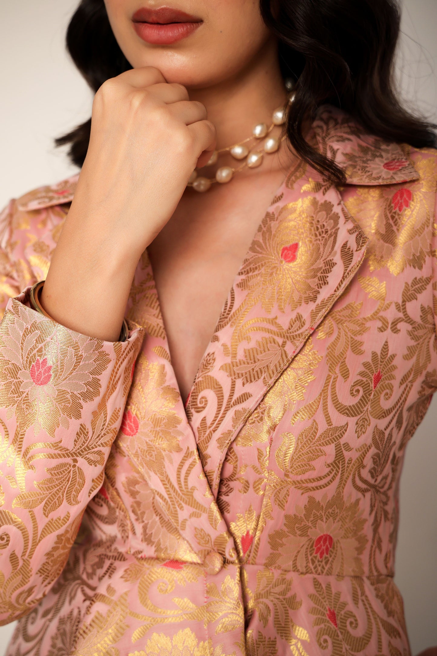 Blush Banarasi Brocade Kimono Peplum Set