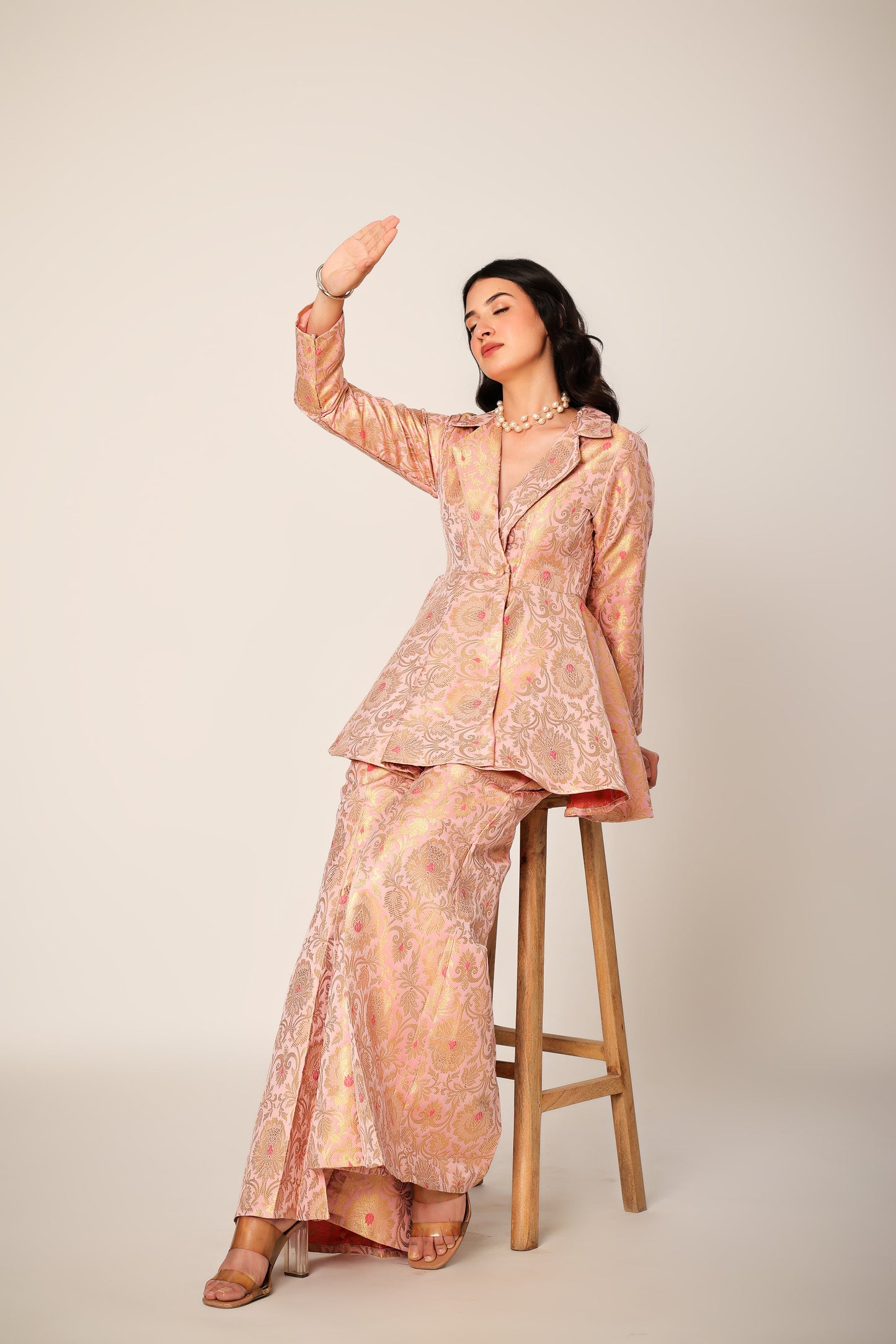Blush Banarasi Brocade Kimono Peplum Set