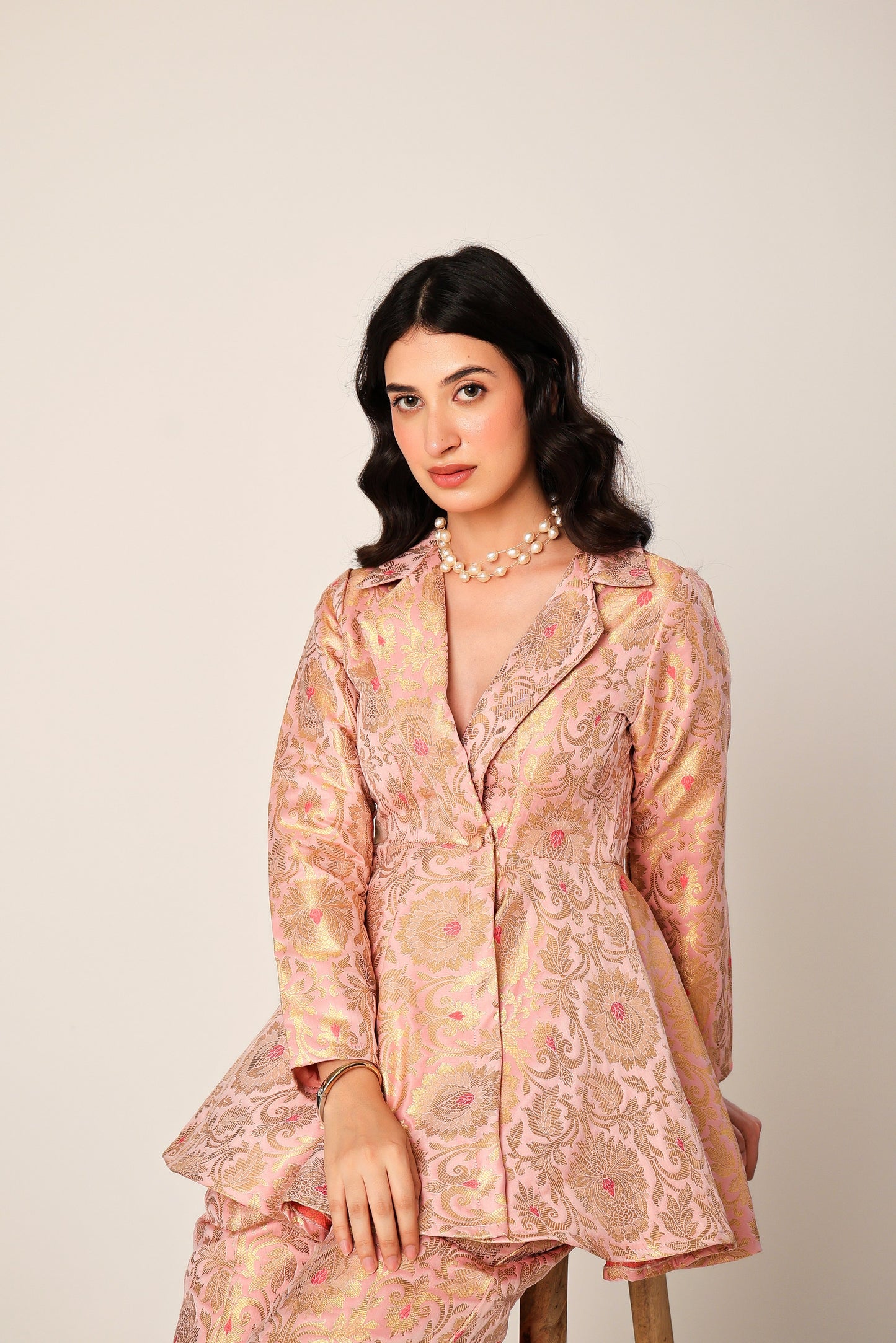 Blush Banarasi Brocade Kimono Peplum Set