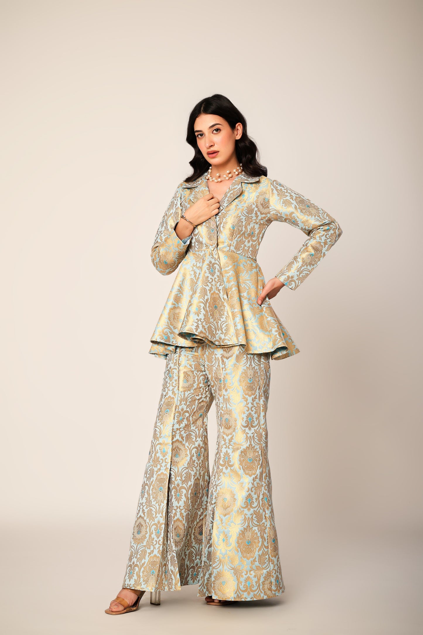 Skylar Banarasi Brocade Kimono Peplum Set