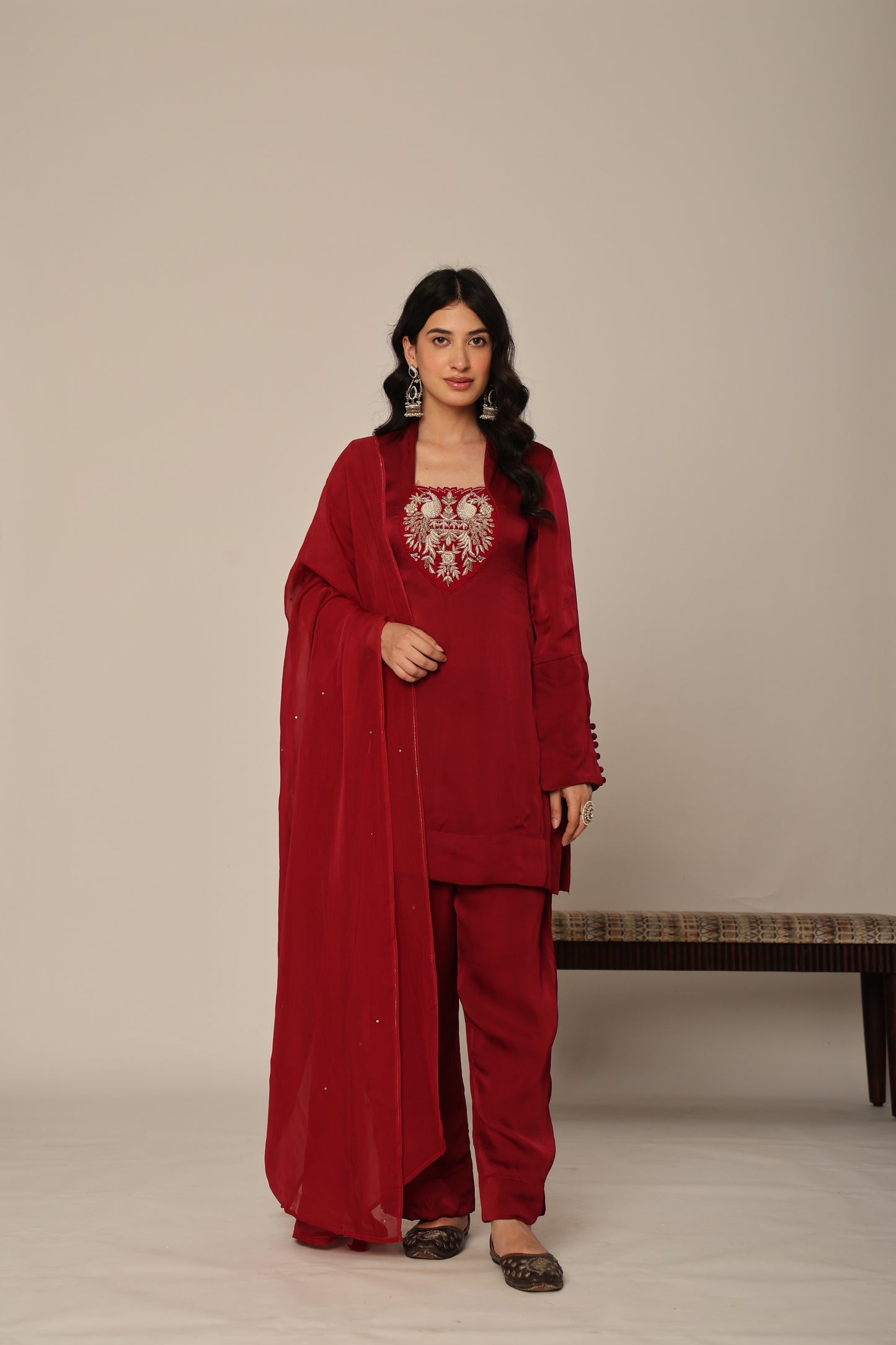 cherry Silk Organza Farshi Salwar Suit Set