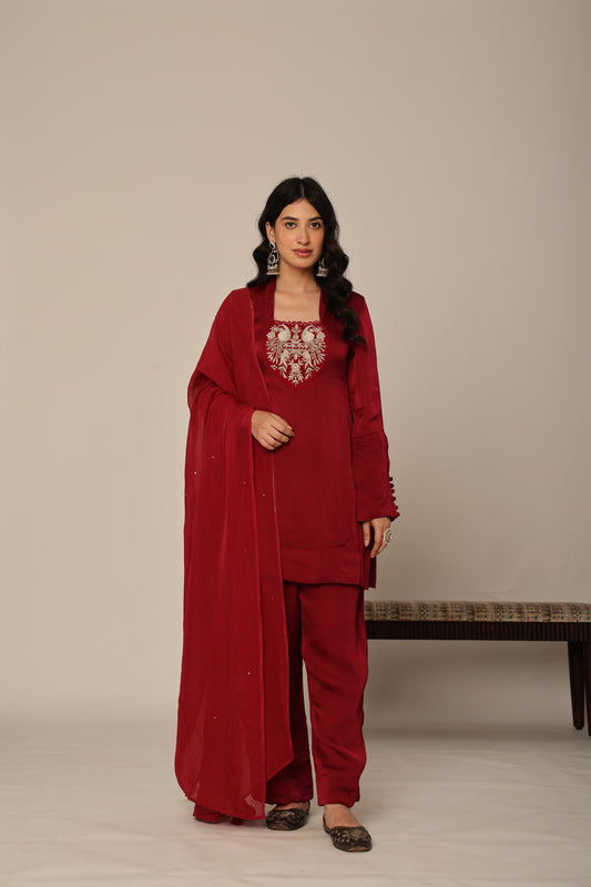 cherry Silk Organza Farshi Salwar Suit Set