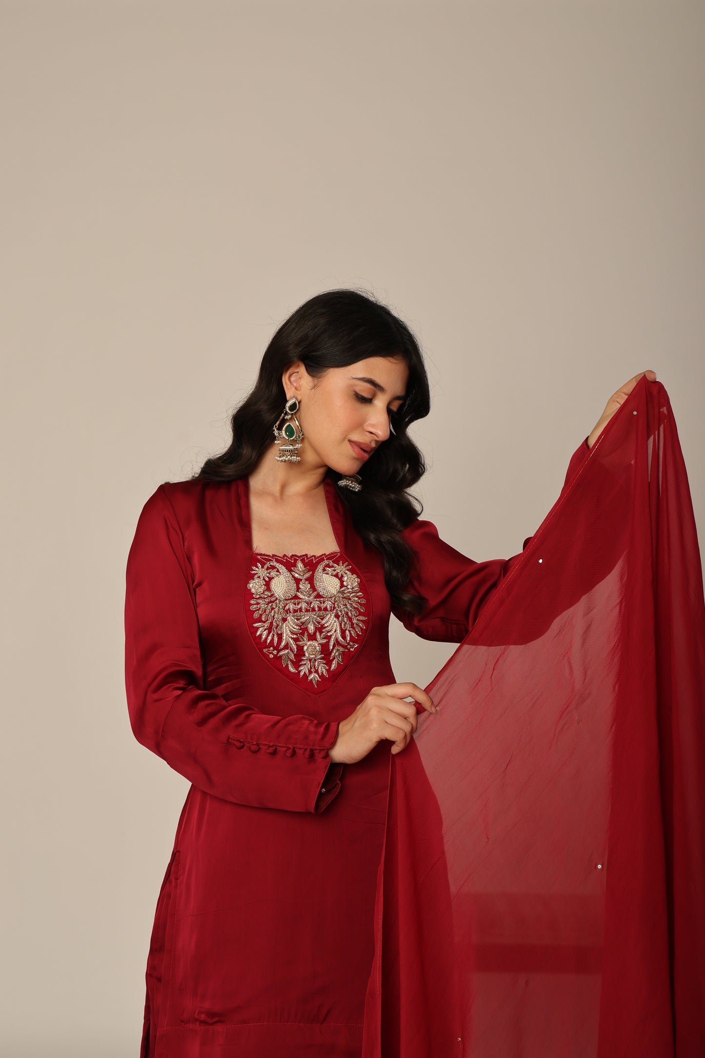 cherry Silk Organza Farshi Salwar Suit Set