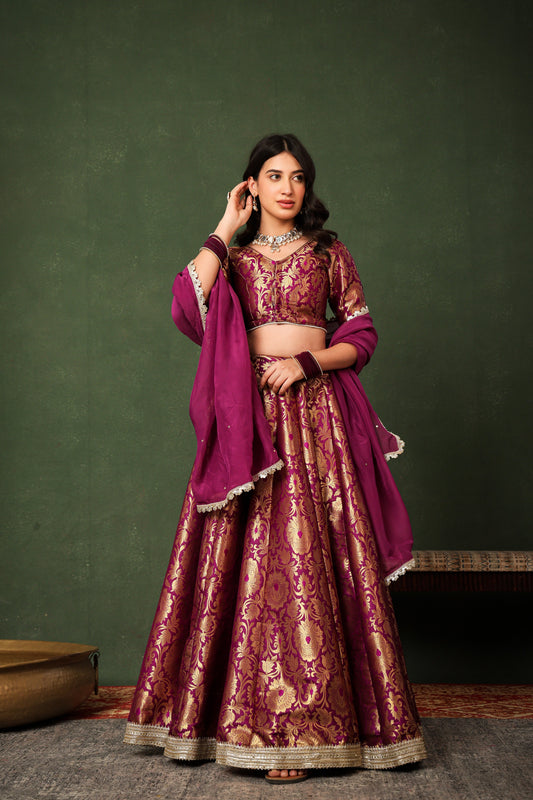 Purple Brocade Silk Lehenga Set with Organza Dupatta ✨