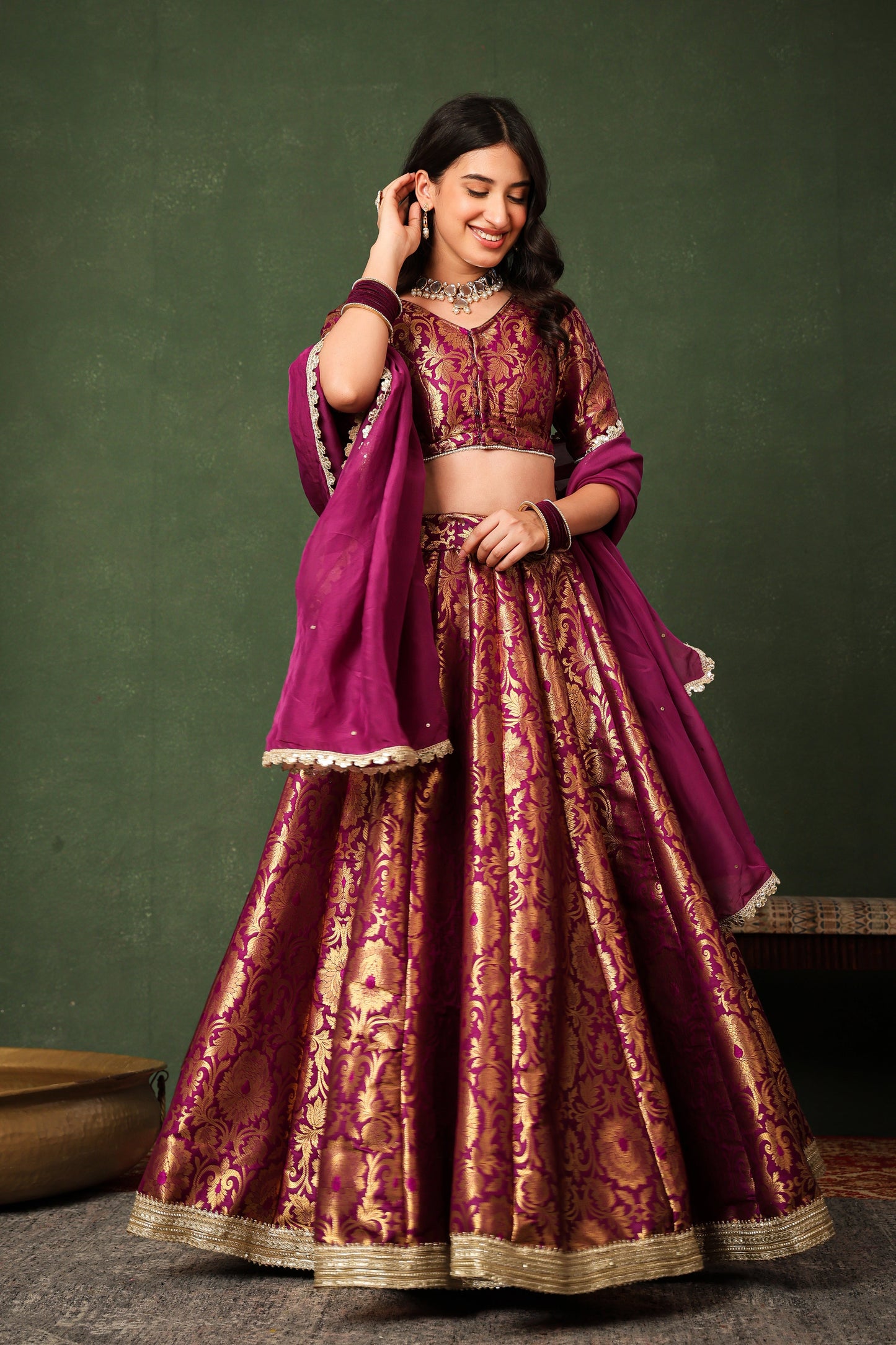 Purple Brocade Silk Lehenga Set with Organza Dupatta ✨