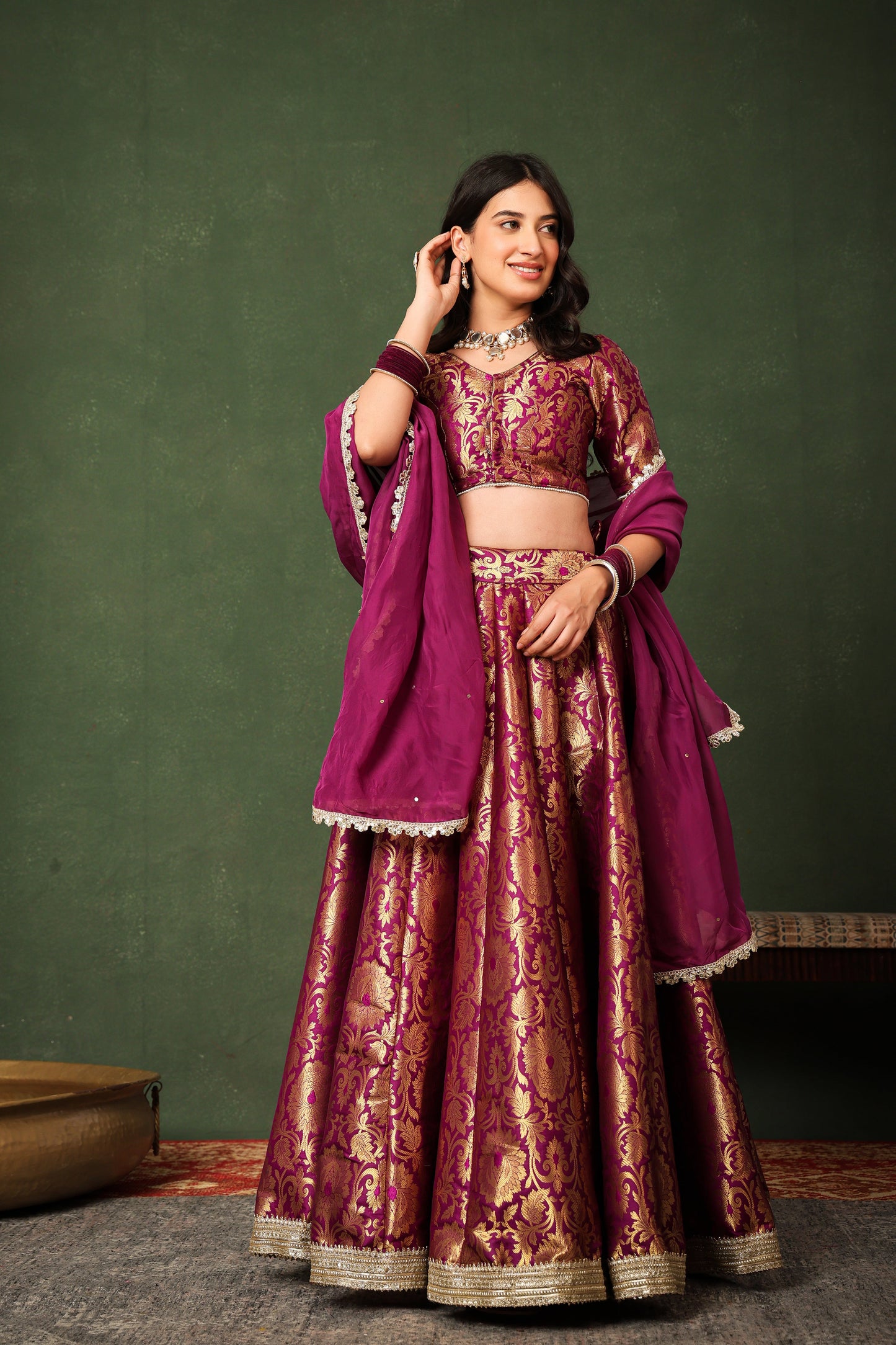 Purple Brocade Silk Lehenga Set with Organza Dupatta ✨