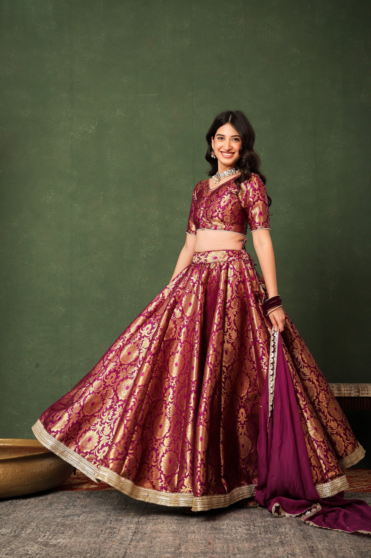 Purple Brocade Silk Lehenga Set with Organza Dupatta ✨