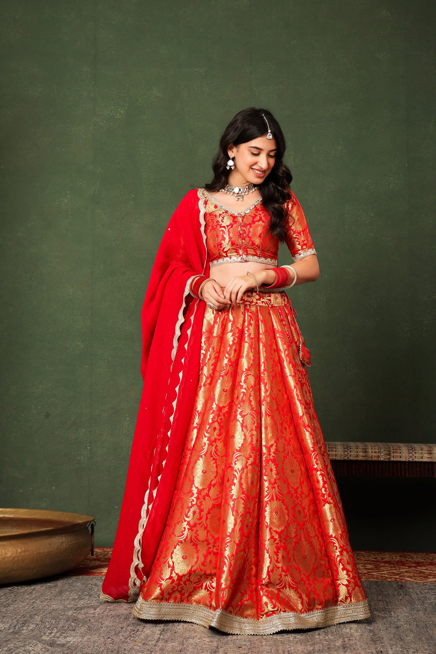 Red Brocade Silk Lehenga Set with Organza Dupatta ✨