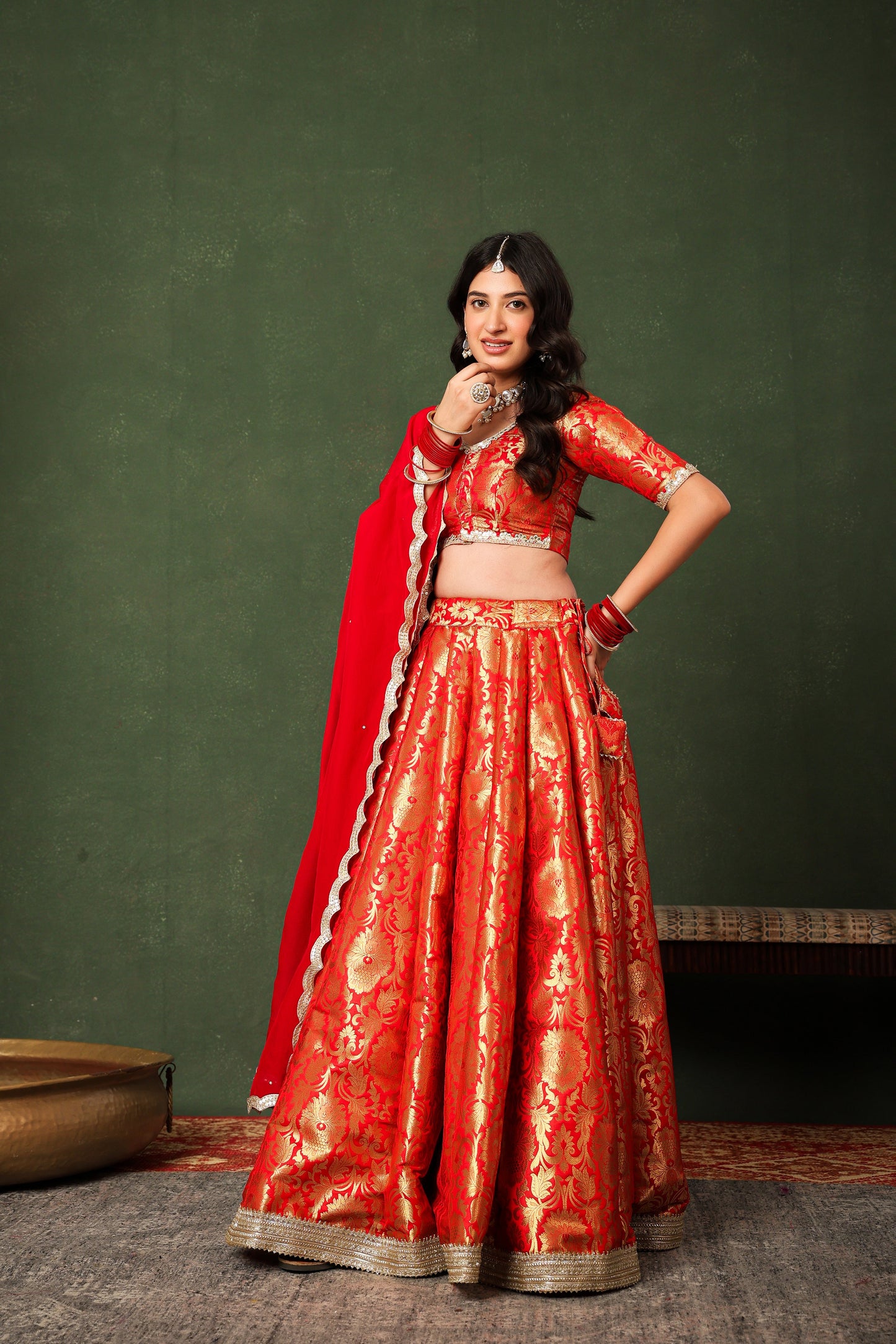 Red Brocade Silk Lehenga Set with Organza Dupatta ✨