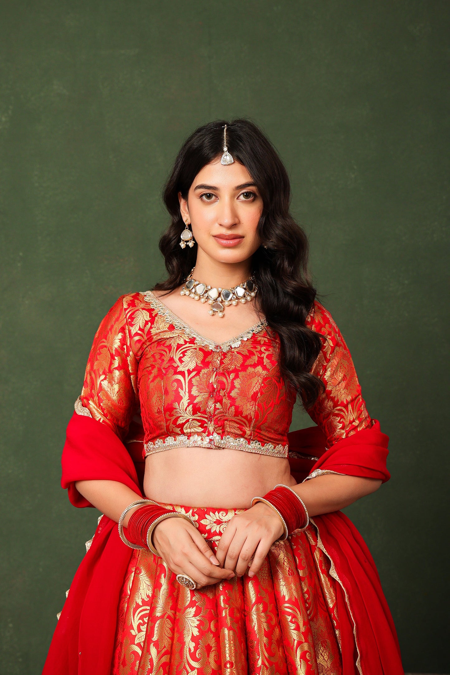 Red Brocade Silk Lehenga Set with Organza Dupatta ✨