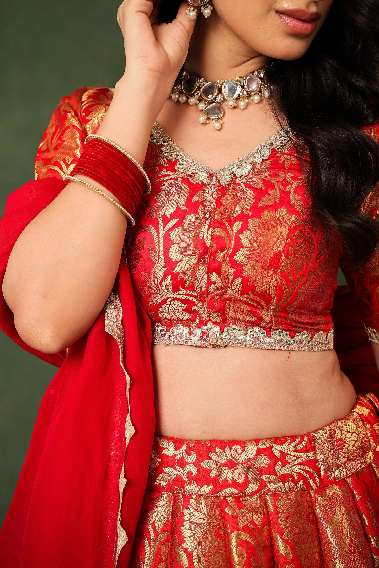 Red Brocade Silk Lehenga Set with Organza Dupatta ✨