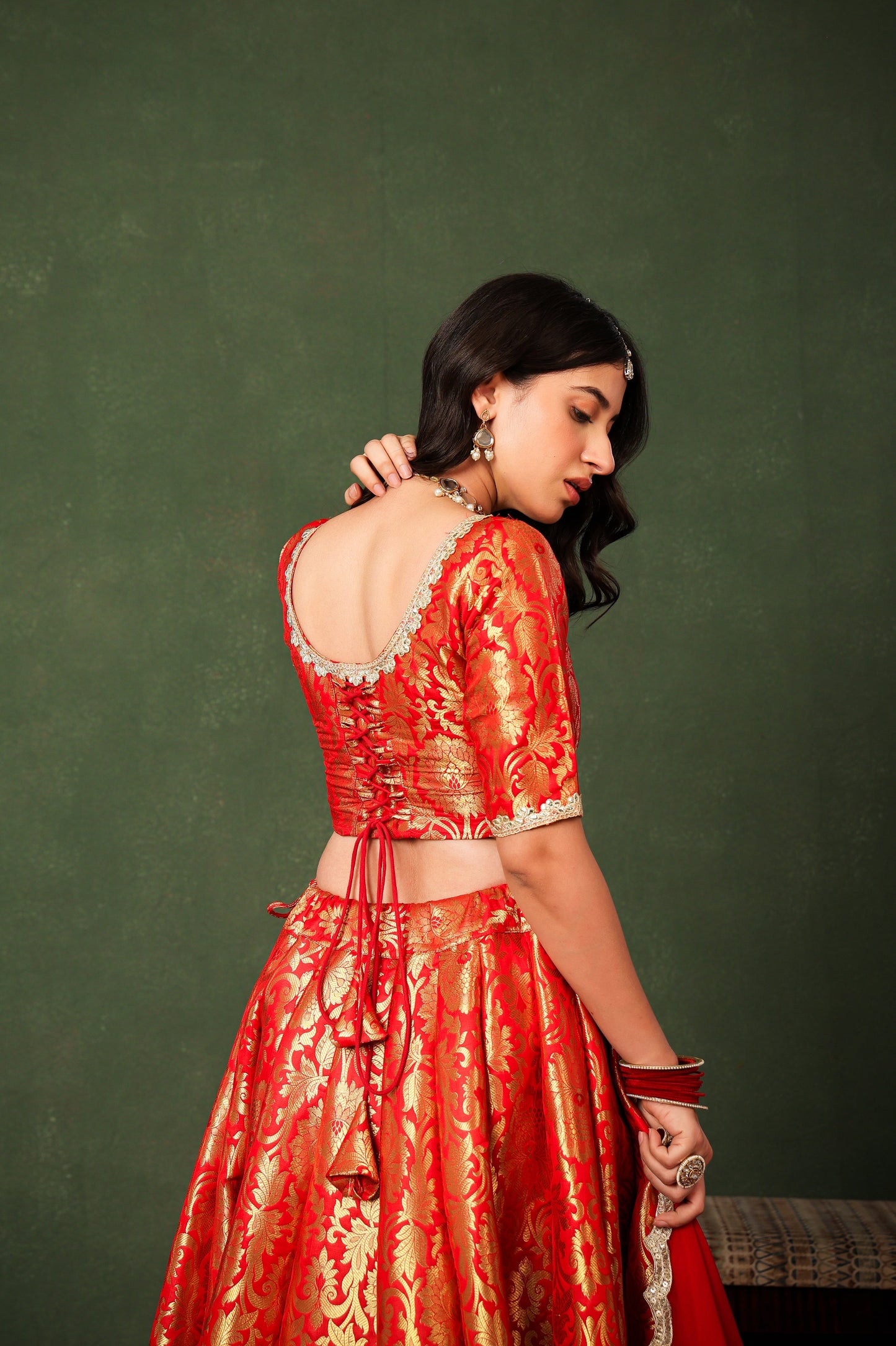 Red Brocade Silk Lehenga Set with Organza Dupatta ✨