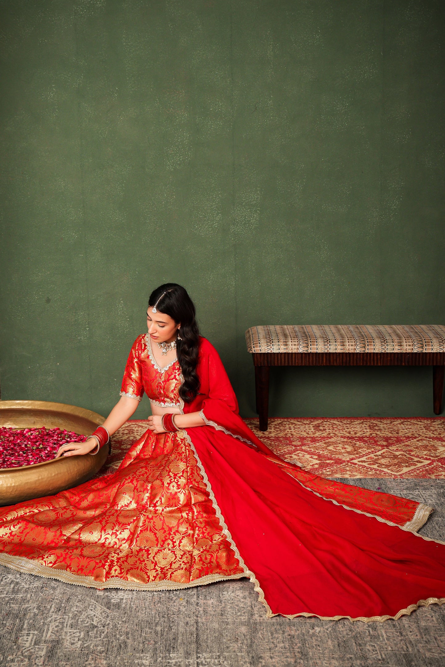 Red Brocade Silk Lehenga Set with Organza Dupatta ✨