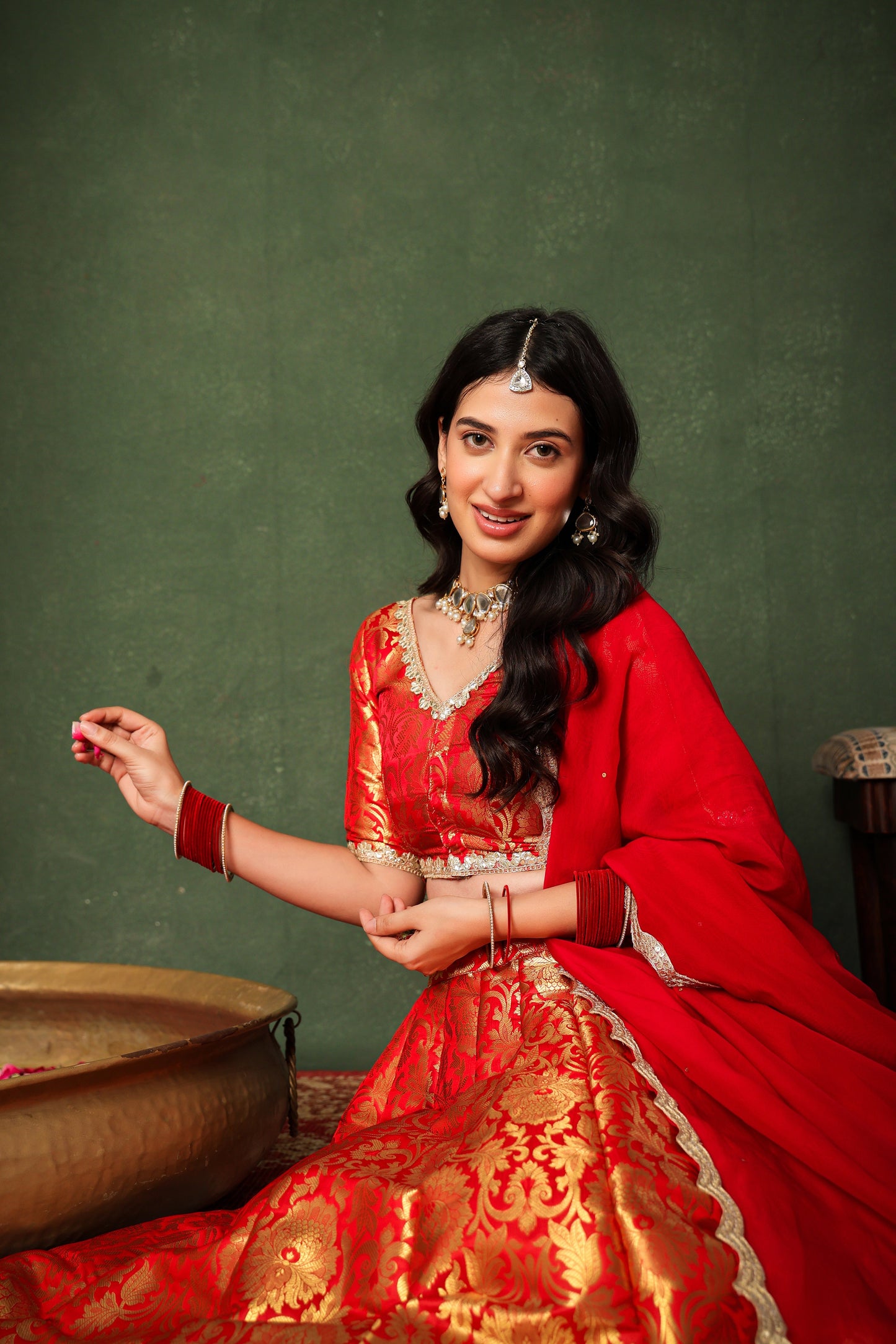 Red Brocade Silk Lehenga Set with Organza Dupatta ✨