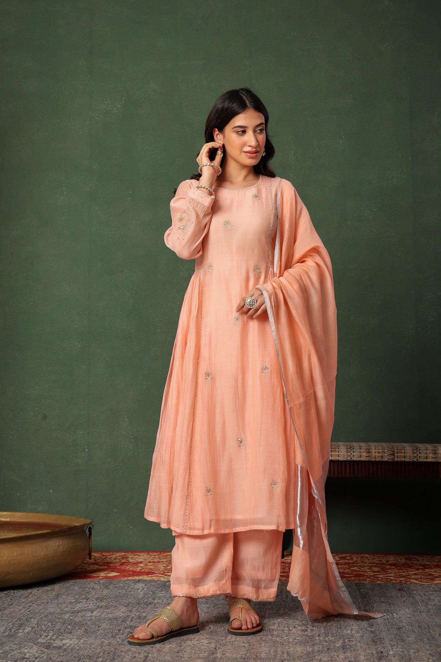 Mulchanderi Chand Kali Suit - Peach Pink