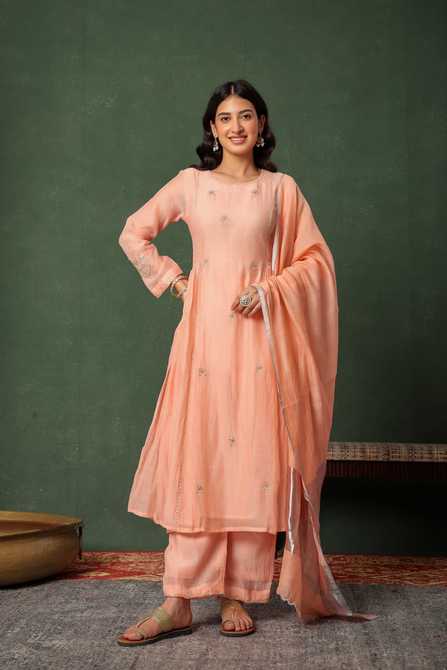 Mulchanderi Chand Kali Suit - Peach Pink