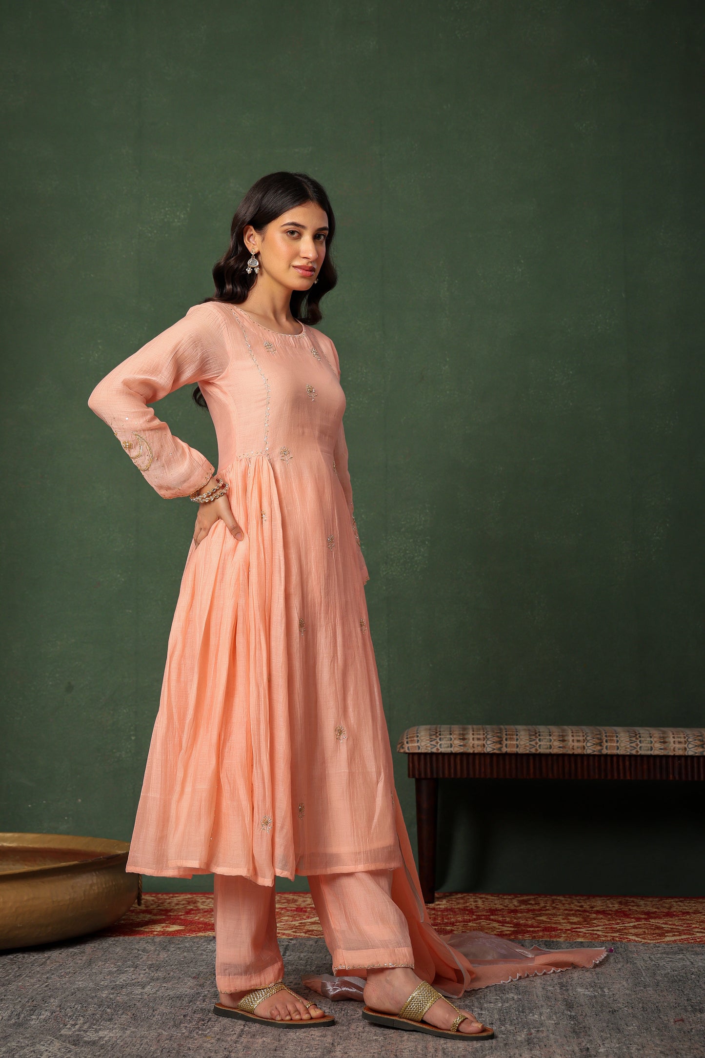 Mulchanderi Chand Kali Suit - Peach Pink