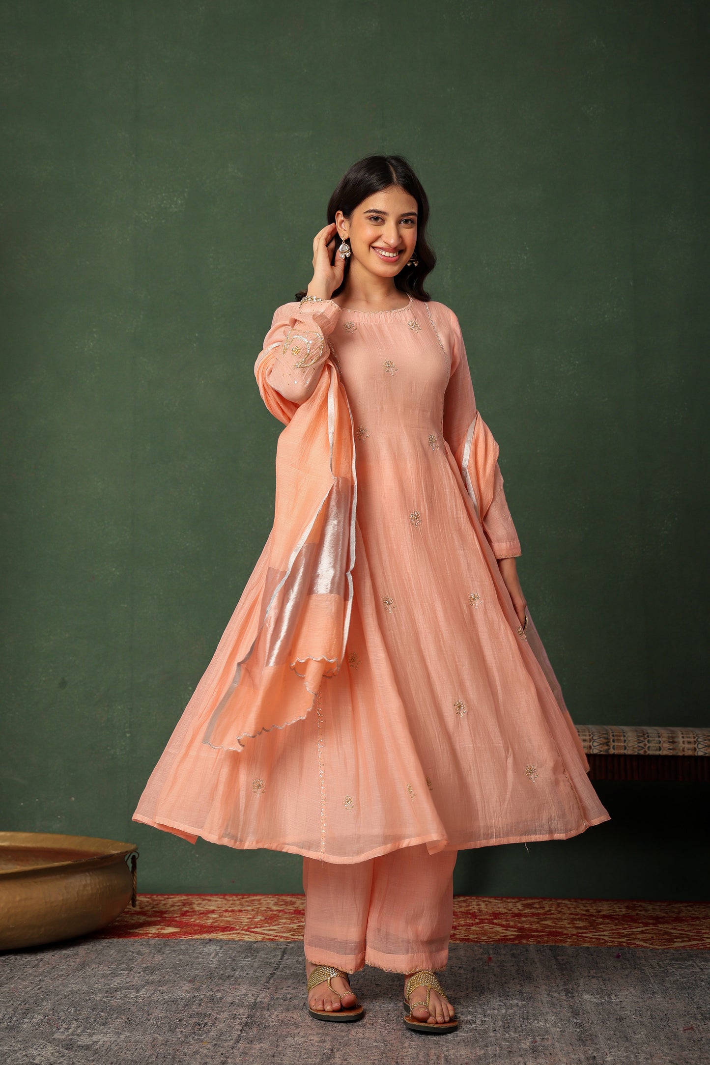 Mulchanderi Chand Kali Suit - Peach Pink