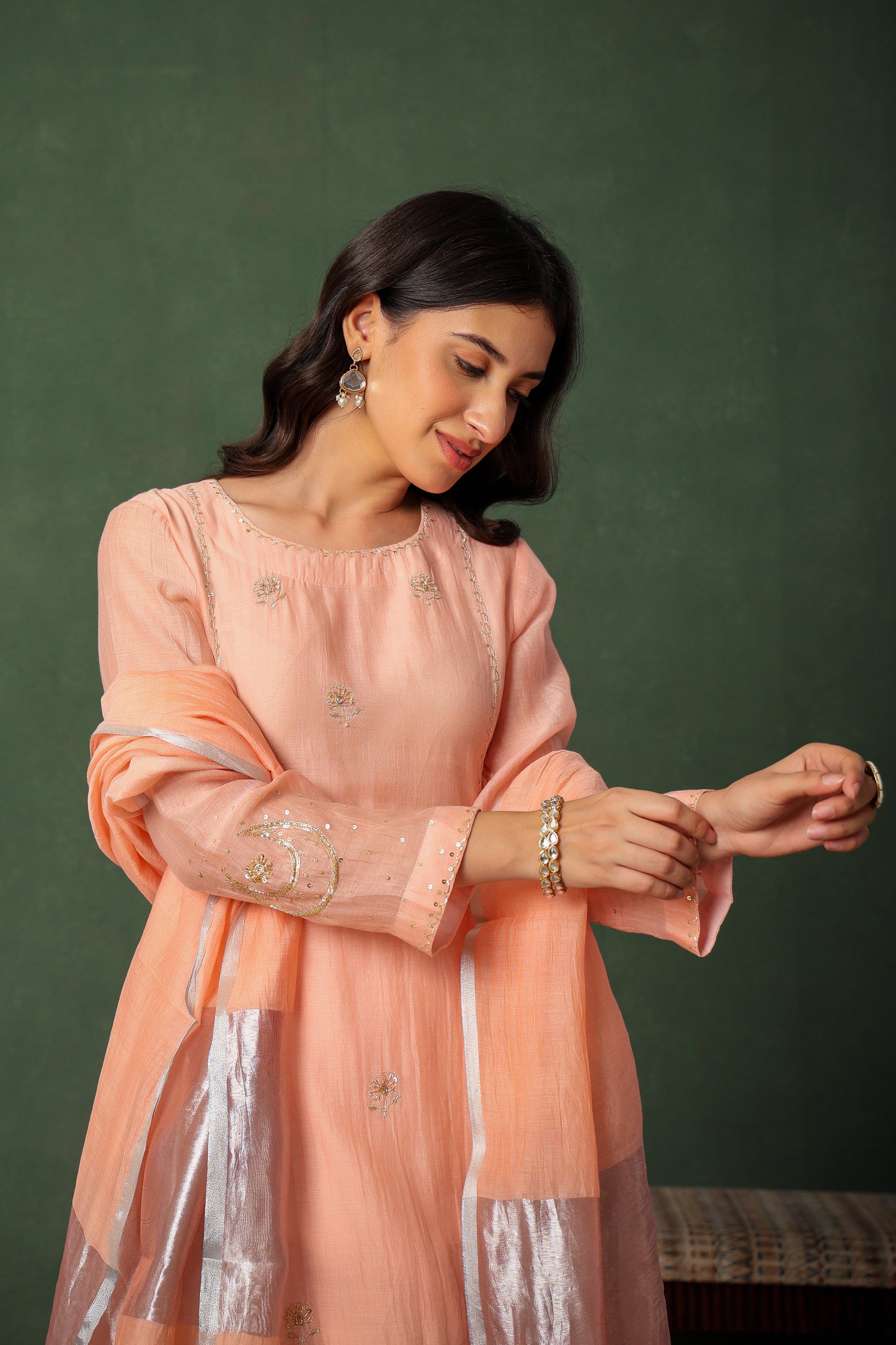 Mulchanderi Chand Kali Suit - Peach Pink