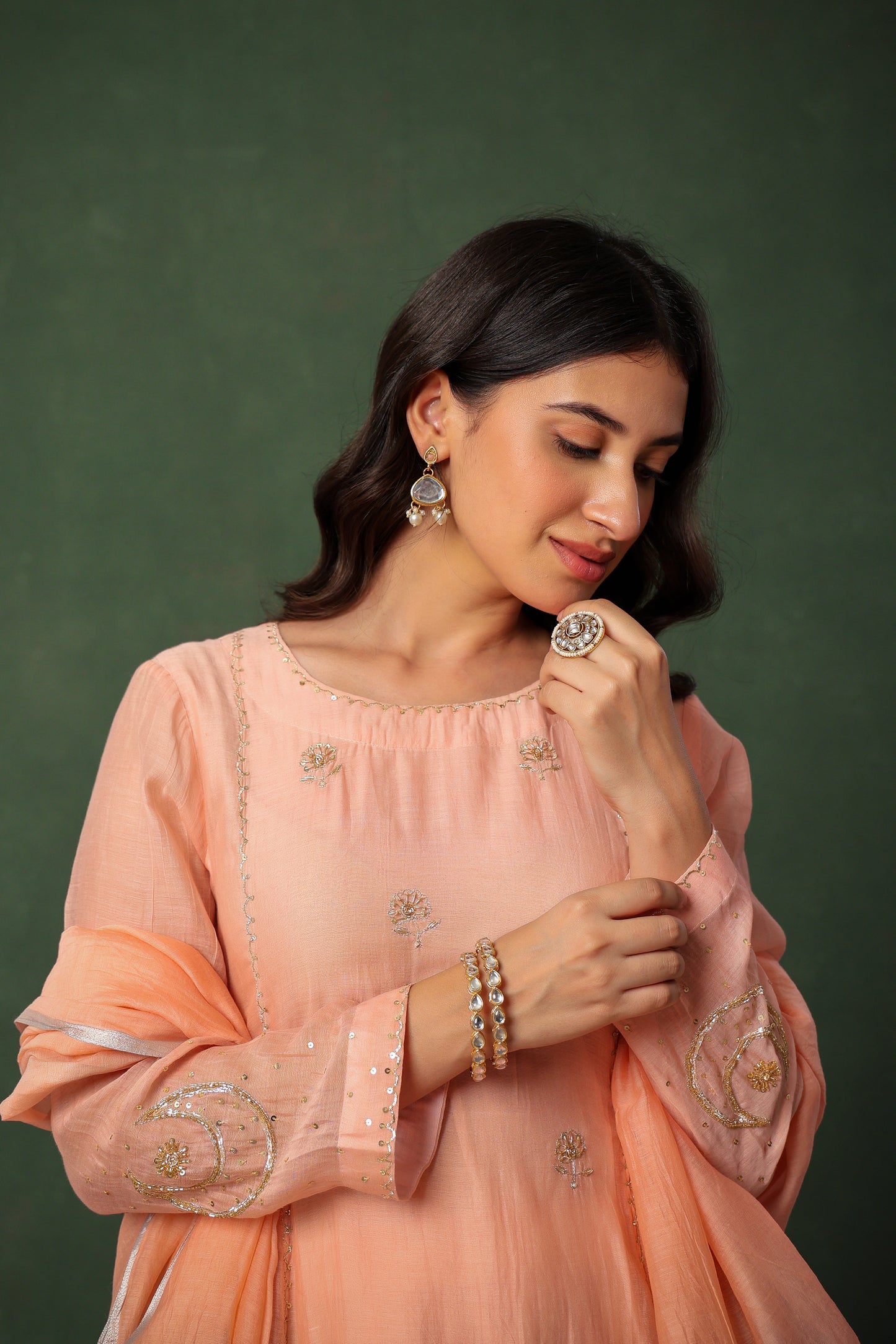 Mulchanderi Chand Kali Suit - Peach Pink