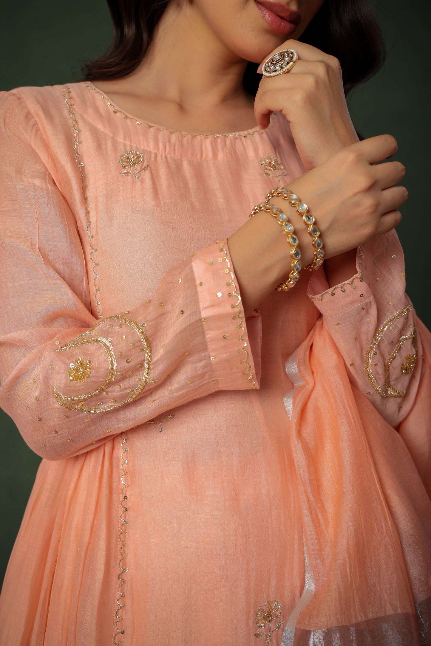 Mulchanderi Chand Kali Suit - Peach Pink