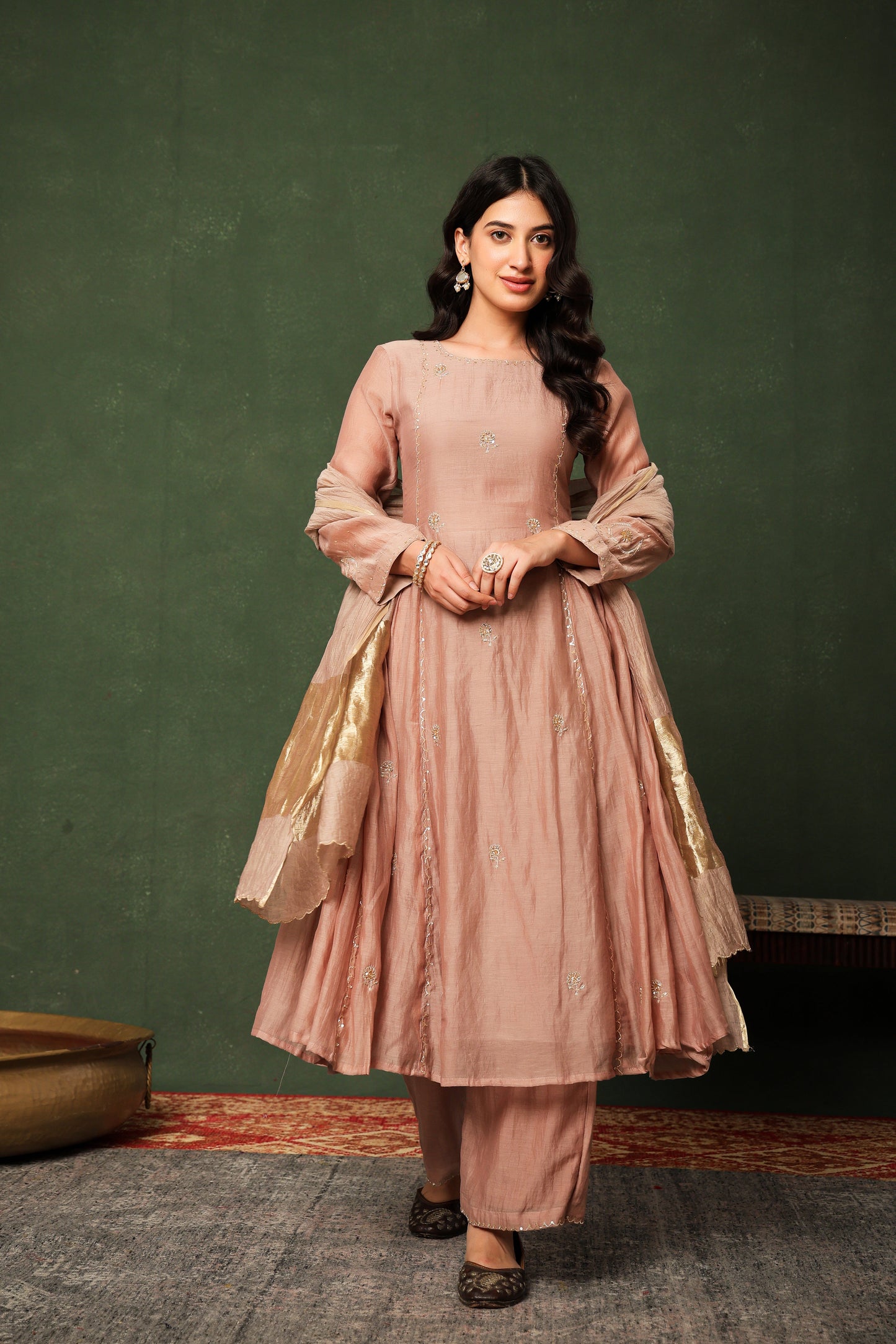 Mulchanderi Chand Kali Suit - Nude Brown