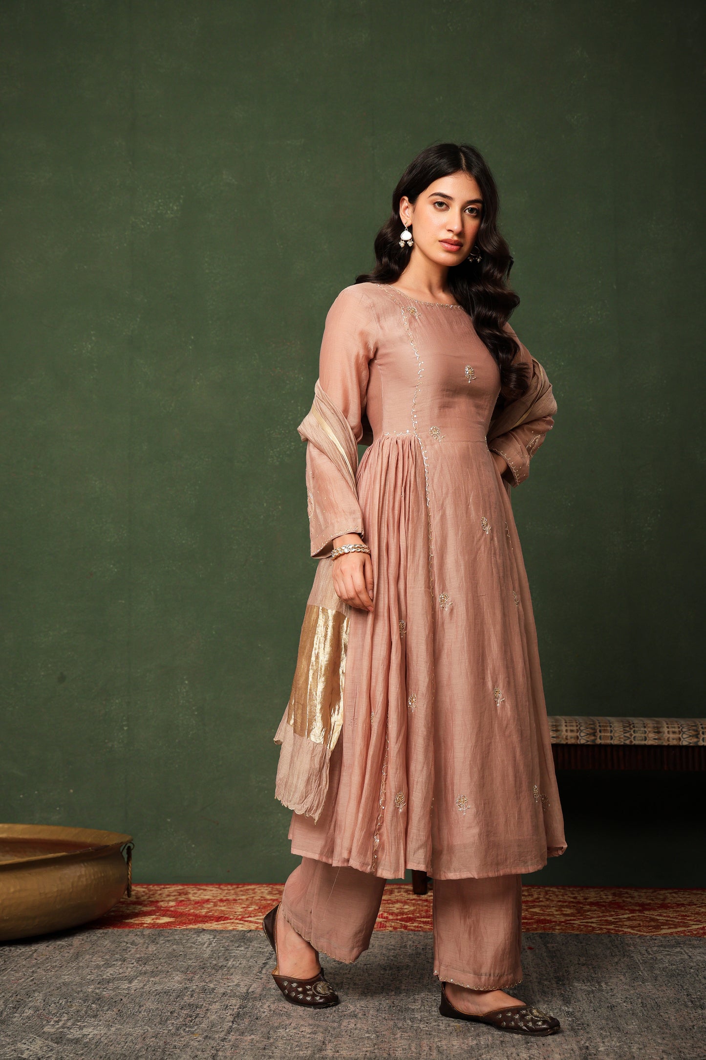 Mulchanderi Chand Kali Suit - Nude Brown