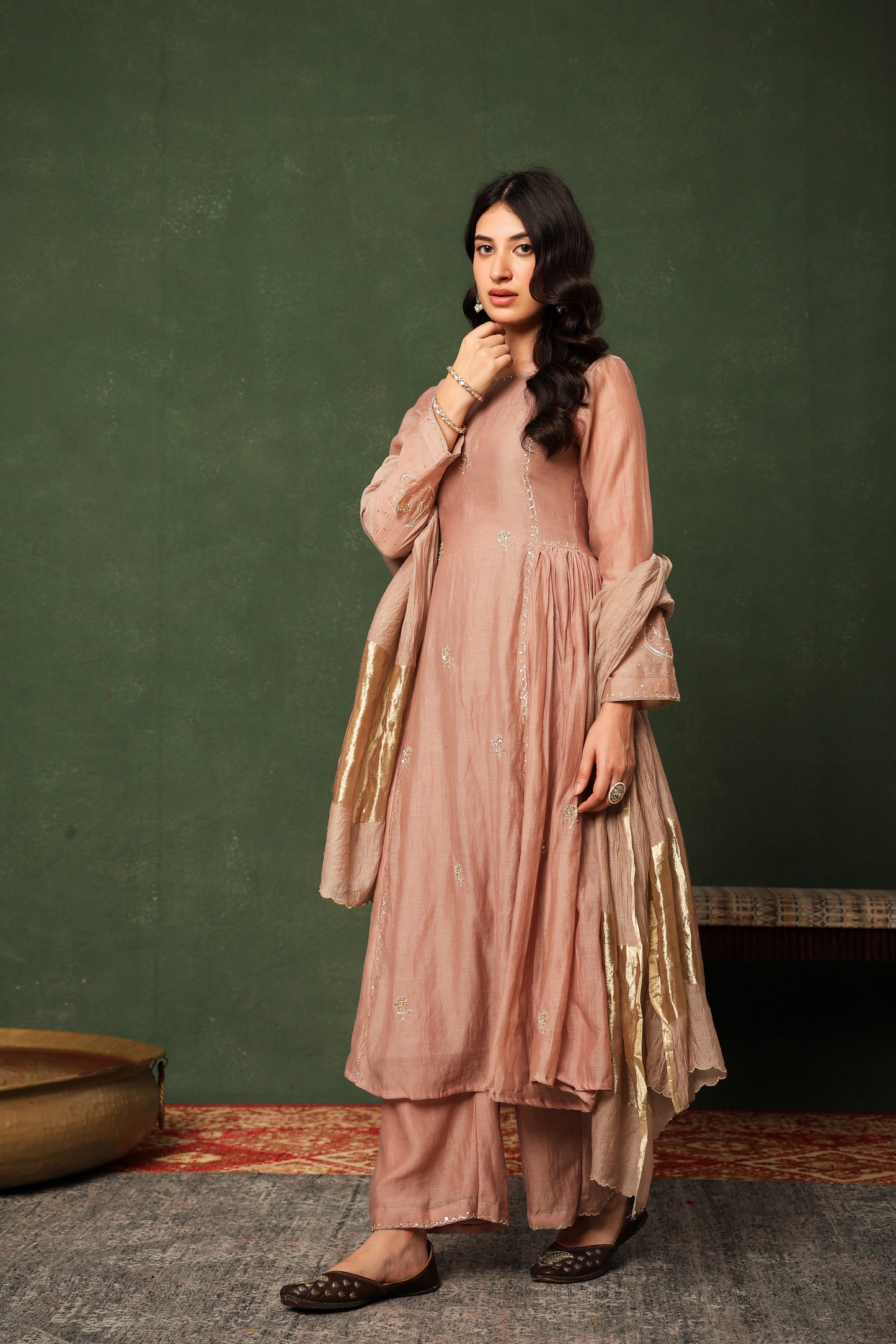 Mulchanderi Chand Kali Suit - Nude Brown
