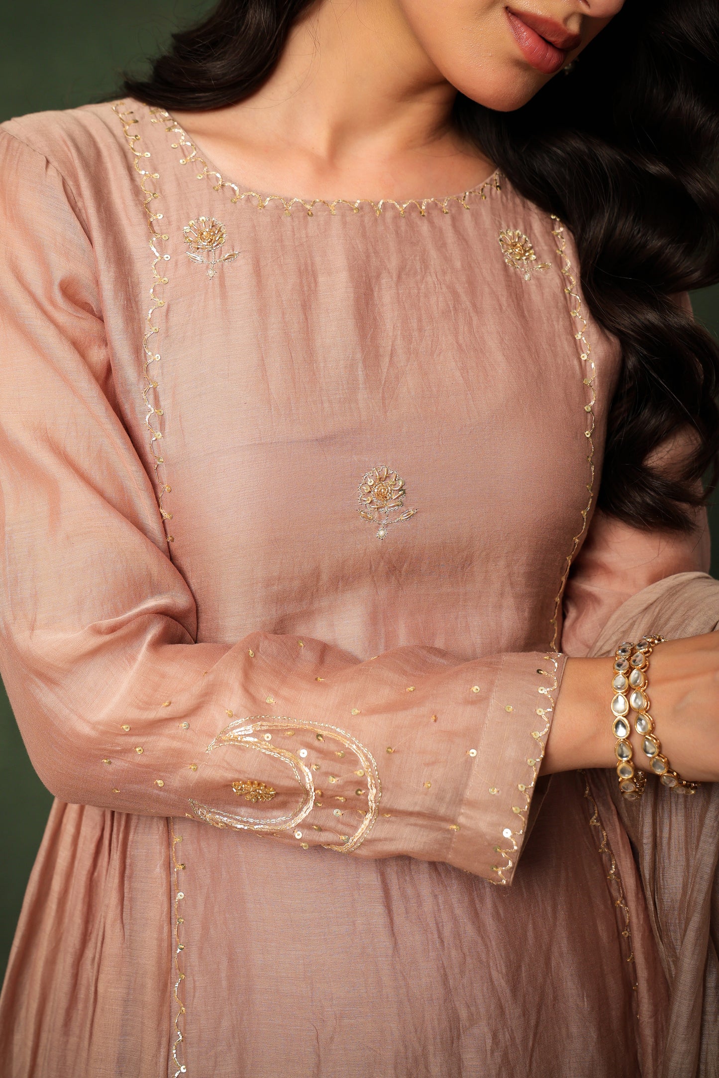 Mulchanderi Chand Kali Suit - Nude Brown