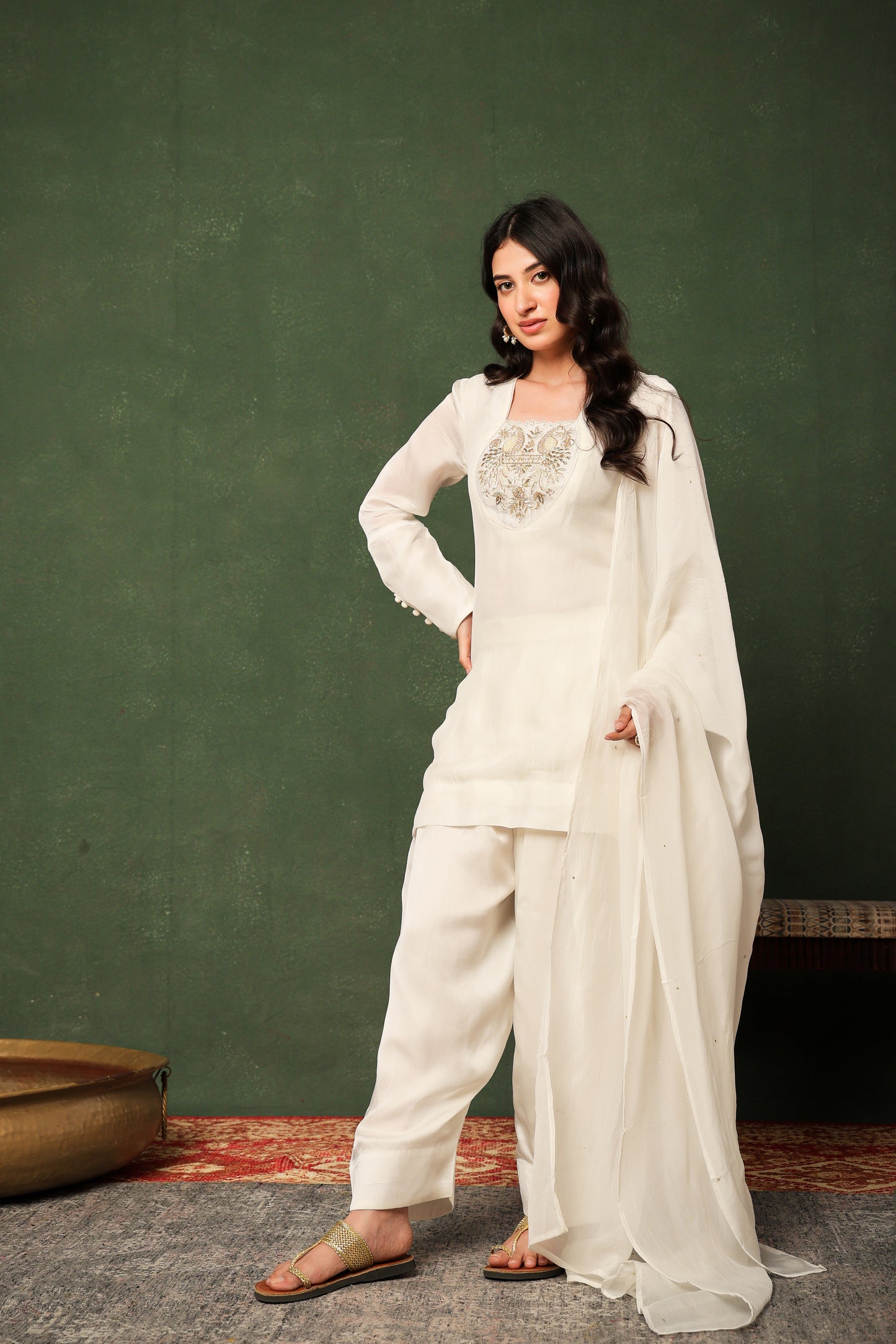 White Silk Organza Farshi Salwar Suit Set