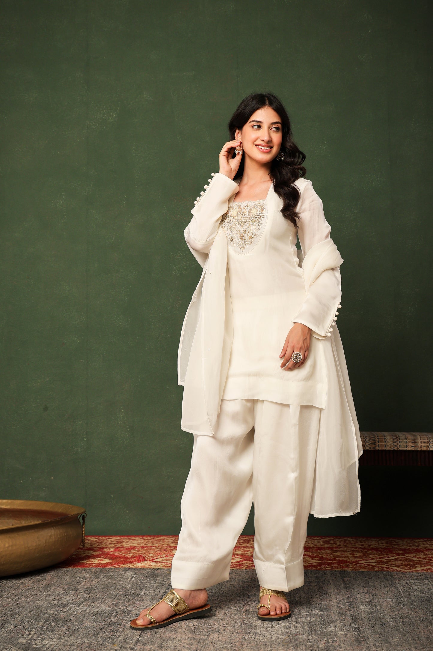 White Silk Organza Farshi Salwar Suit Set