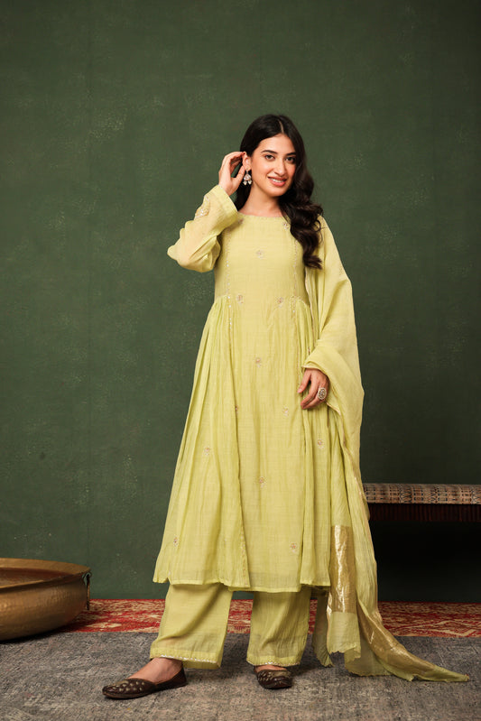 Mulchanderi Chand Kali Suit - Pista Green