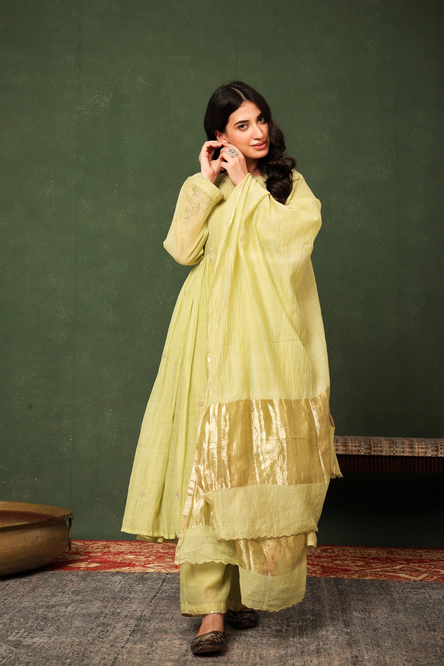 Mulchanderi Chand Kali Suit - Pista Green