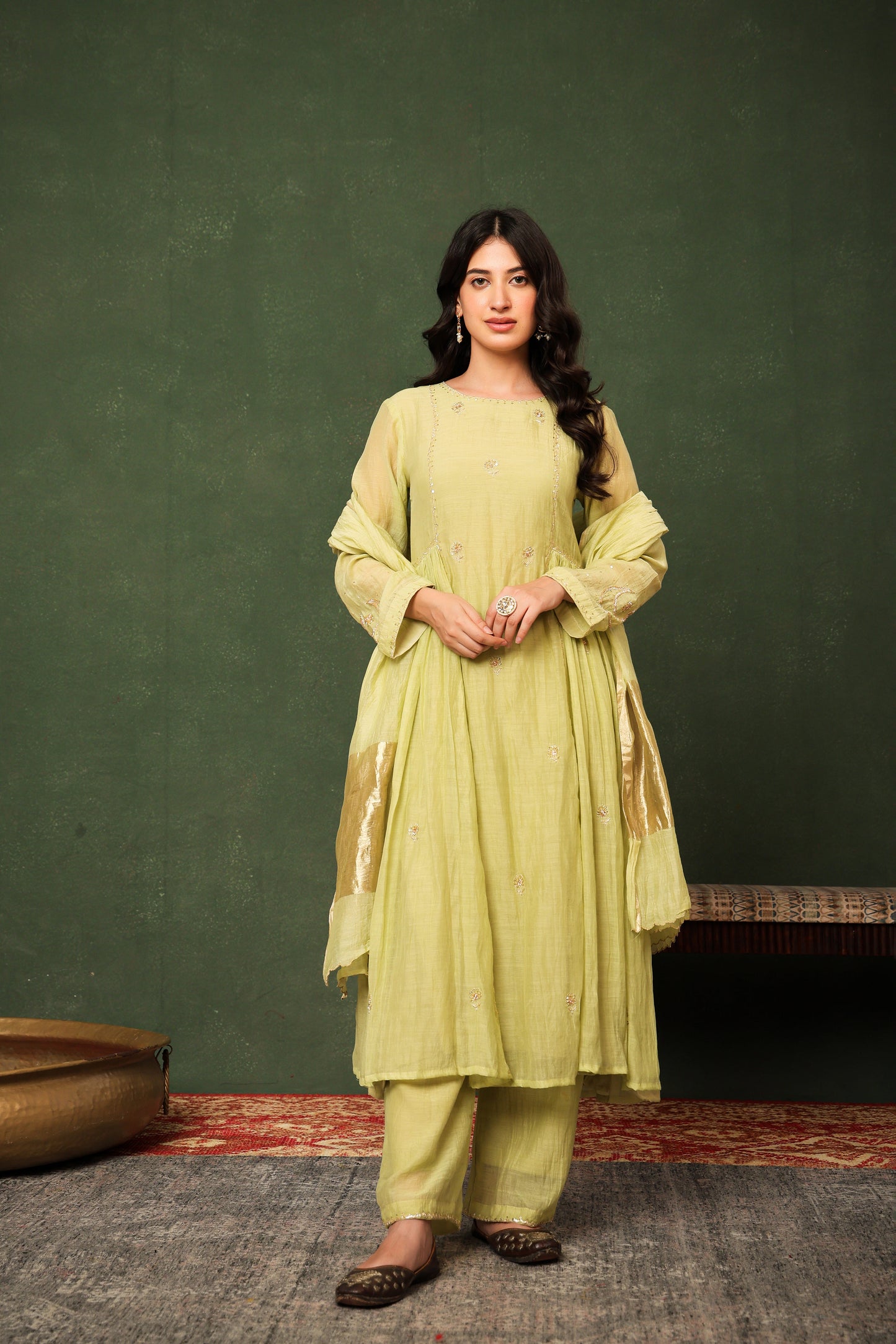Mulchanderi Chand Kali Suit - Pista Green
