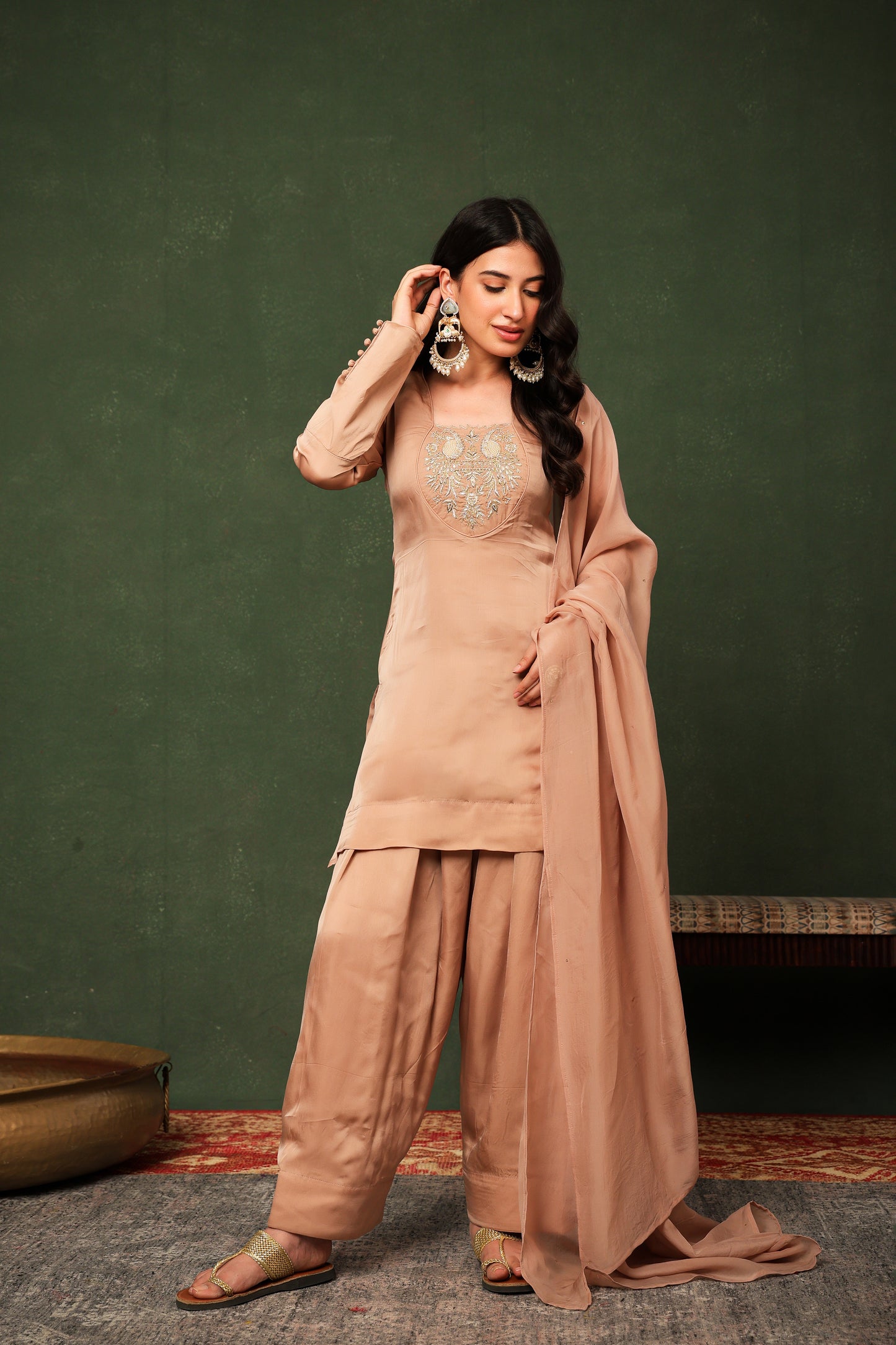 Silk Organza Champange Farshi Salwar Suit Set