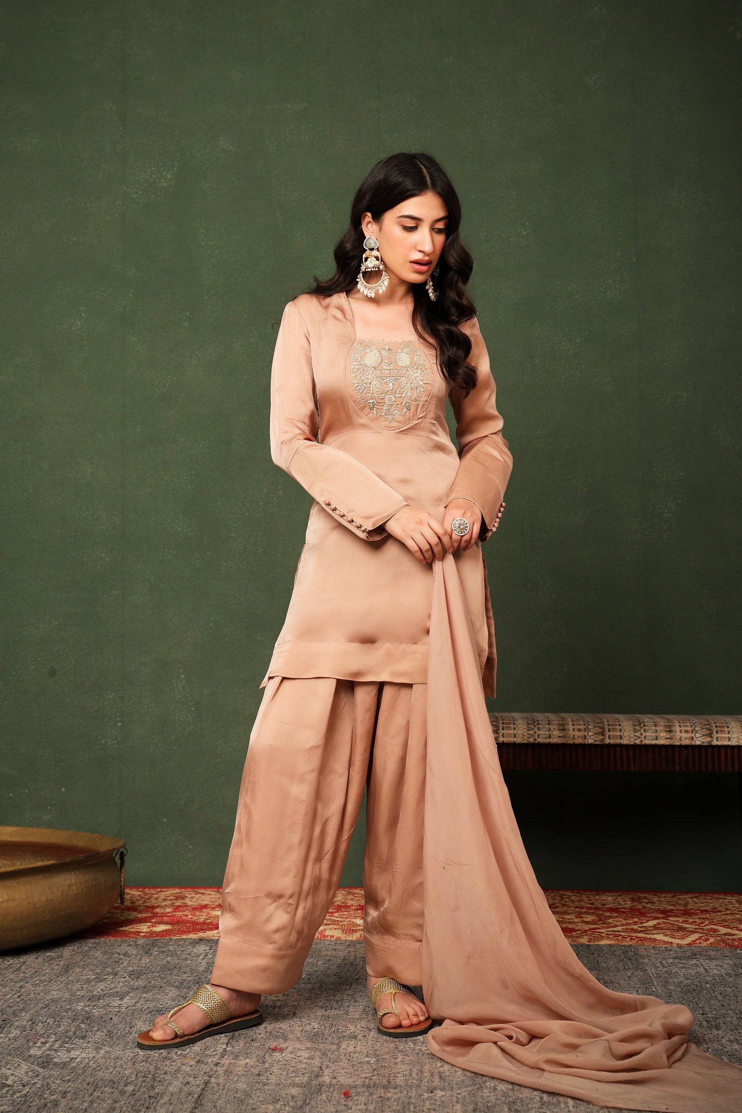 Silk Organza Champange Farshi Salwar Suit Set