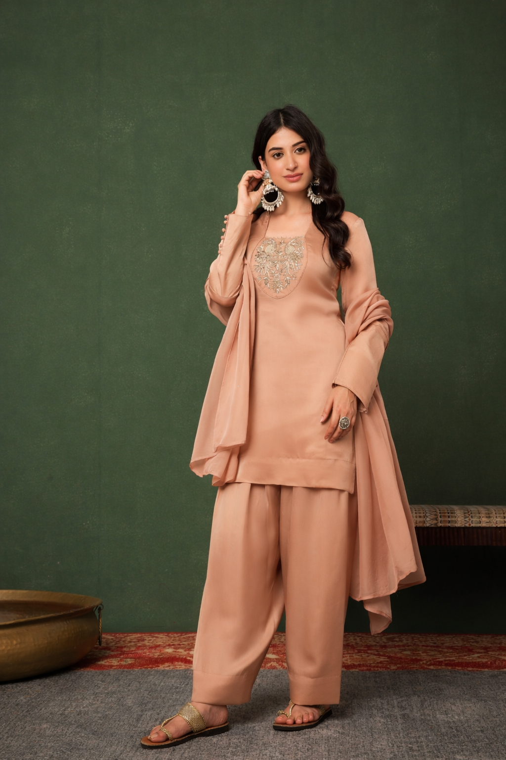 Silk Organza Champange Farshi Salwar Suit Set