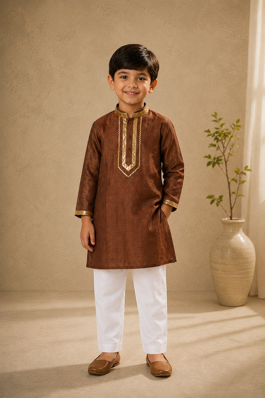 Brown Soft Chanderi Silk Girls kurta and Farsi Salwar- Noor Collection
