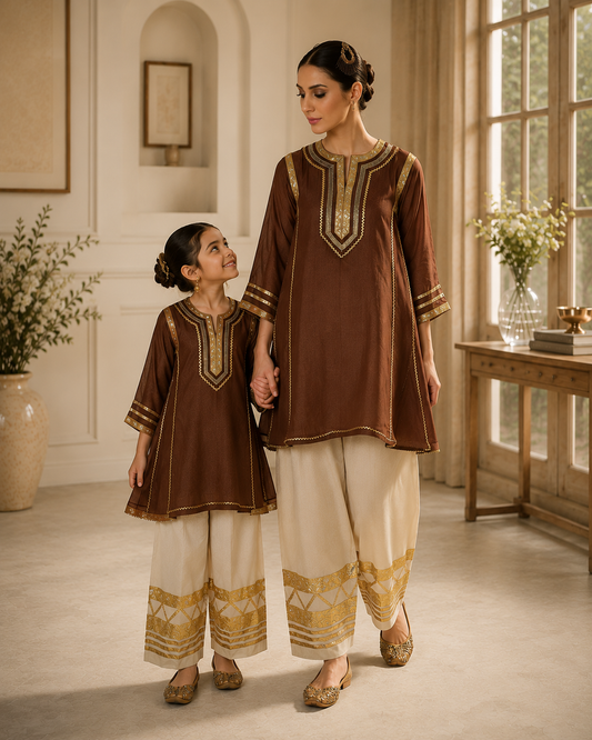 Brown Soft Chanderi Silk Girls kurta and Farsi Salwar- Noor Collection