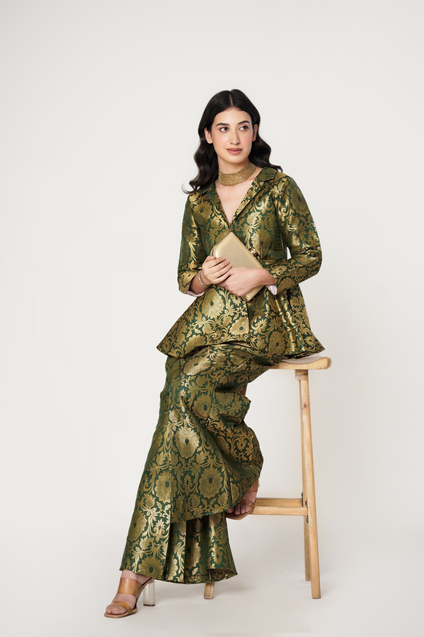 Emerald Banarasi Brocade Kimono Peplum Set