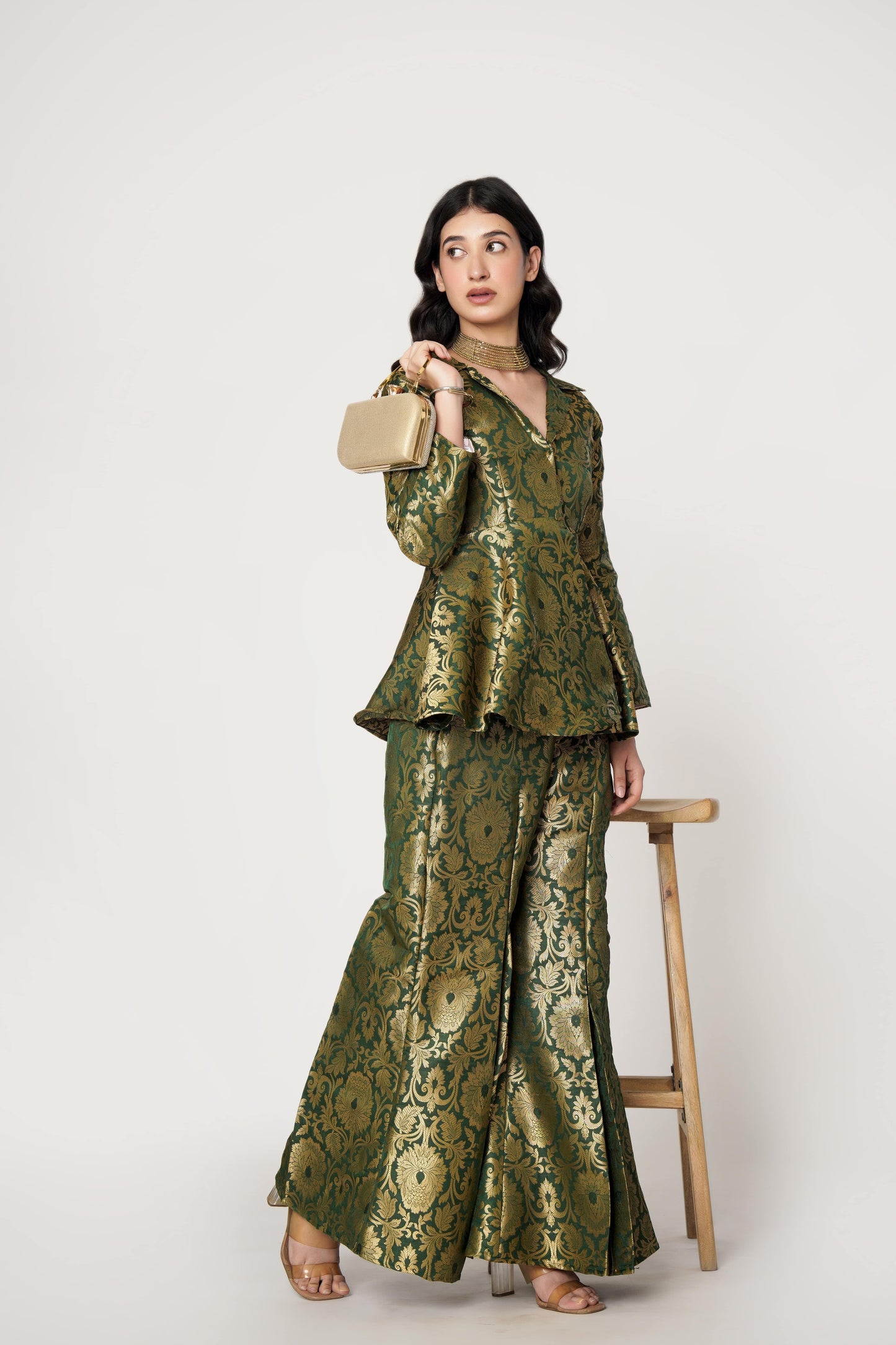 Emerald Banarasi Brocade Kimono Peplum Set