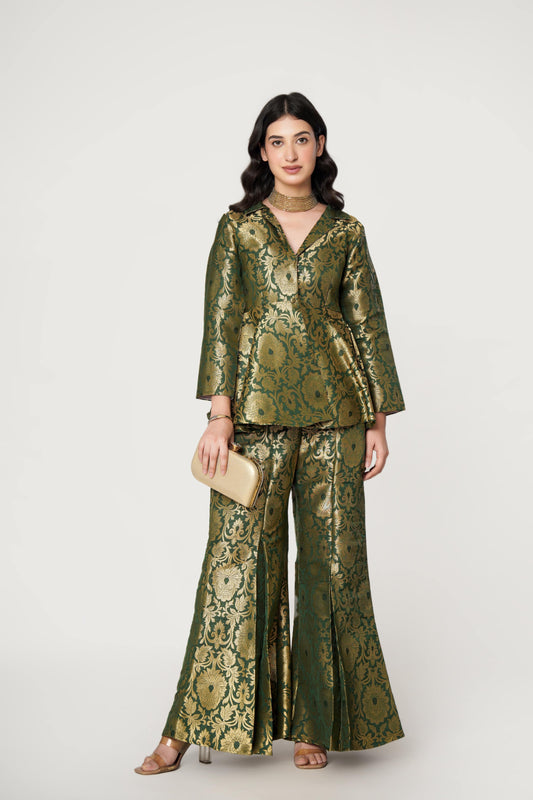 Emerald Banarasi Brocade Kimono Peplum Set