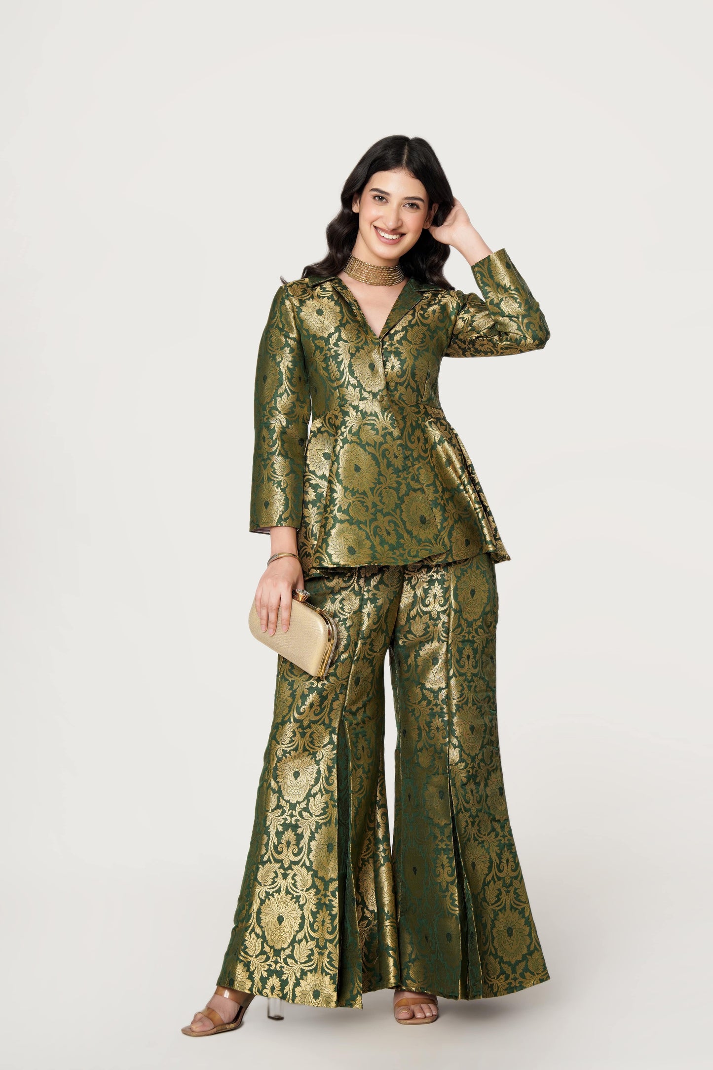Emerald Banarasi Brocade Kimono Peplum Set