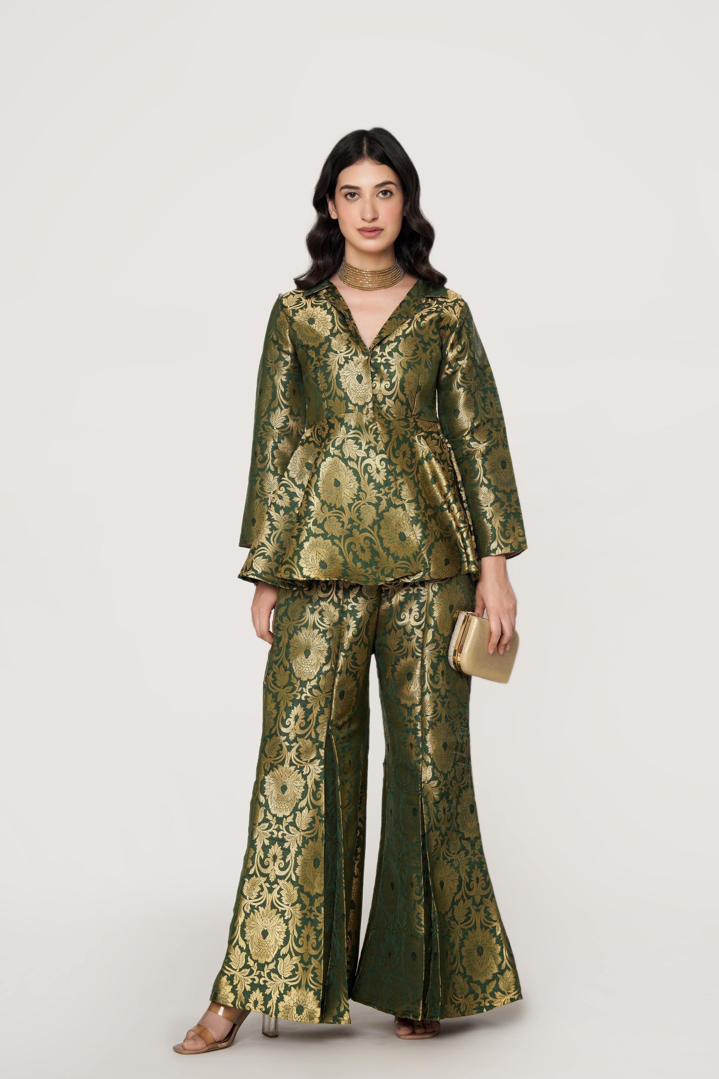 Emerald Banarasi Brocade Kimono Peplum Set