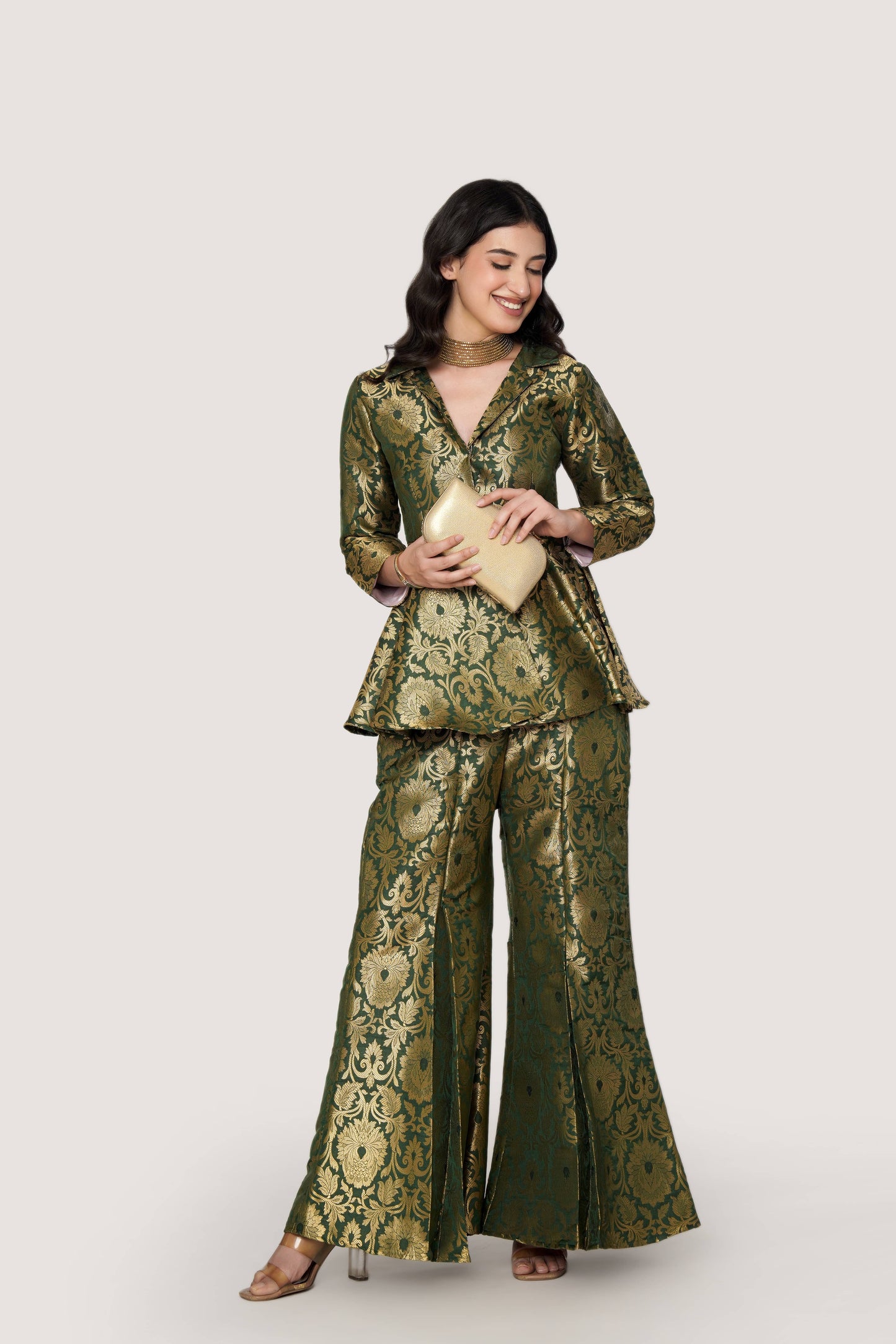 Emerald Banarasi Brocade Kimono Peplum Set